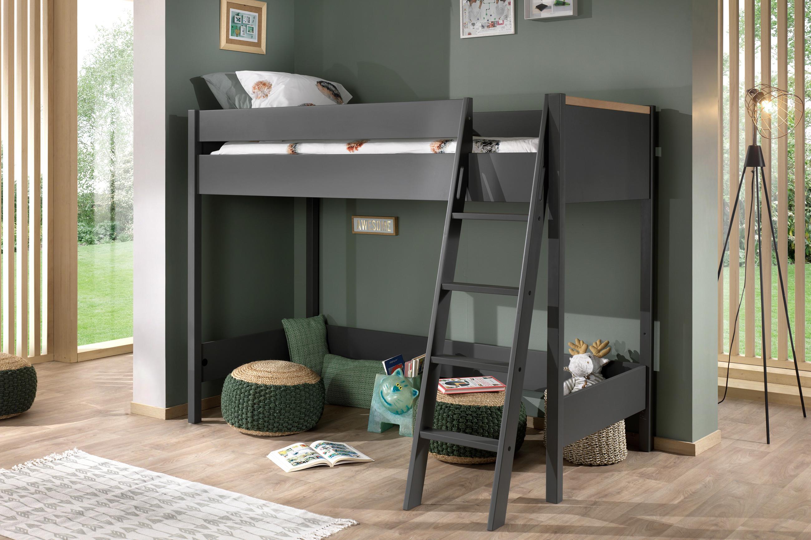 Dunkelgraues Hochbett mit Kiefer-Lattenrost
