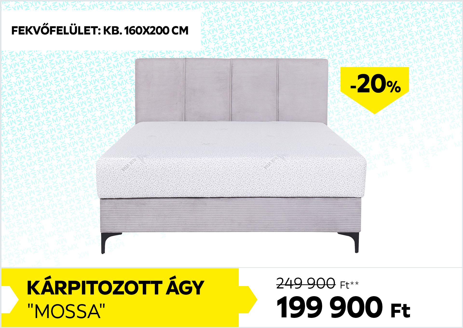 Kárpitozott ágy Mossa 249900Forint helyett 199900Forint kedvezmény mértéke 20%