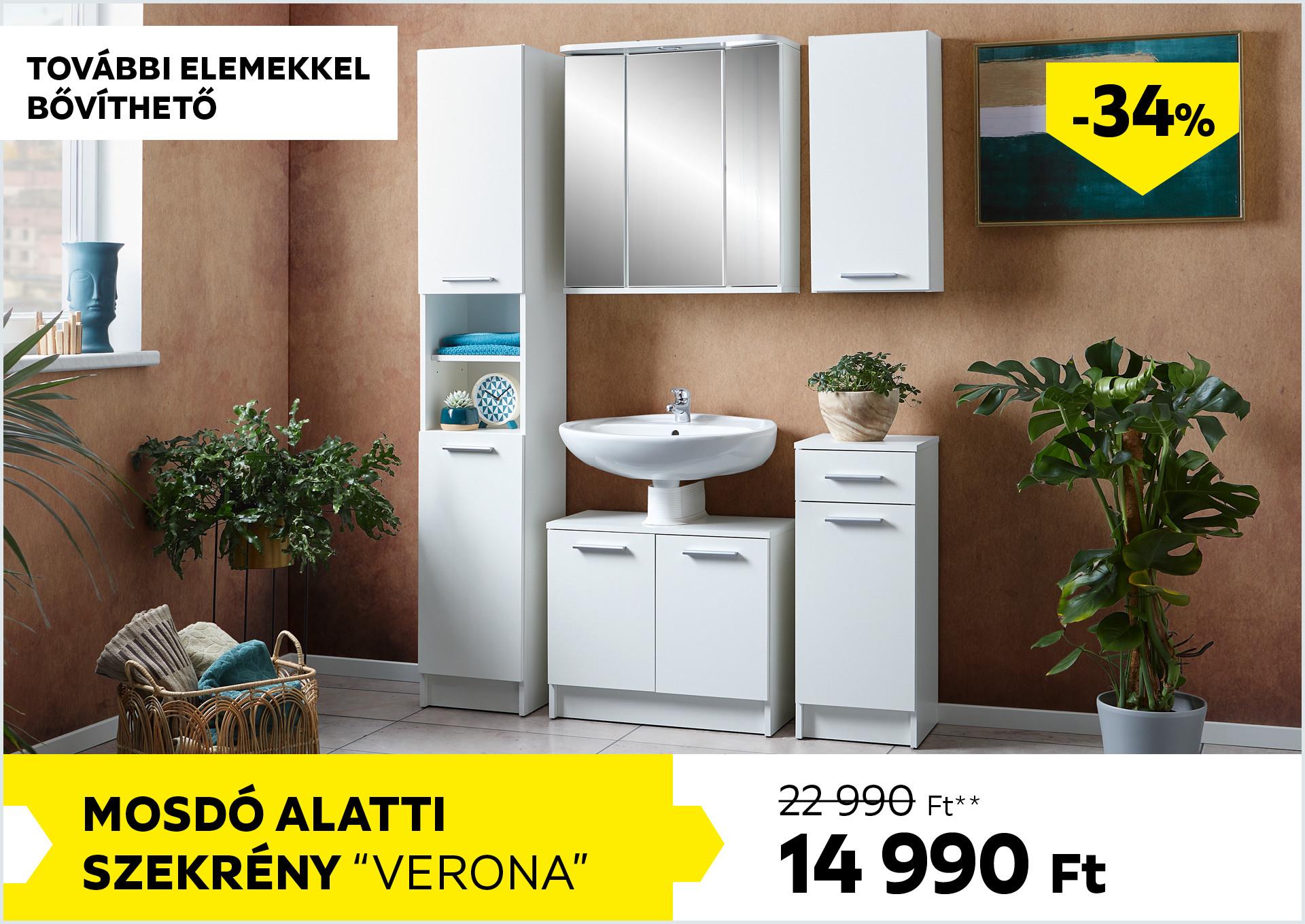 Mosdó alatti szekrény Verona további elemekkel bővíthető 22990Forint helyett 14990Forint kedvezmény mértéke 34%