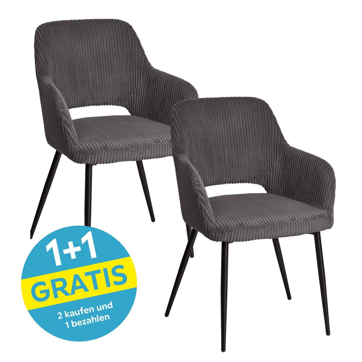 Armlehnstuhl Pina Cord Grau, B: 57 Cm - Schwarz/Grau, KONVENTIONELL, Holz/Textil (57/83.5/63cm) - MID.YOU