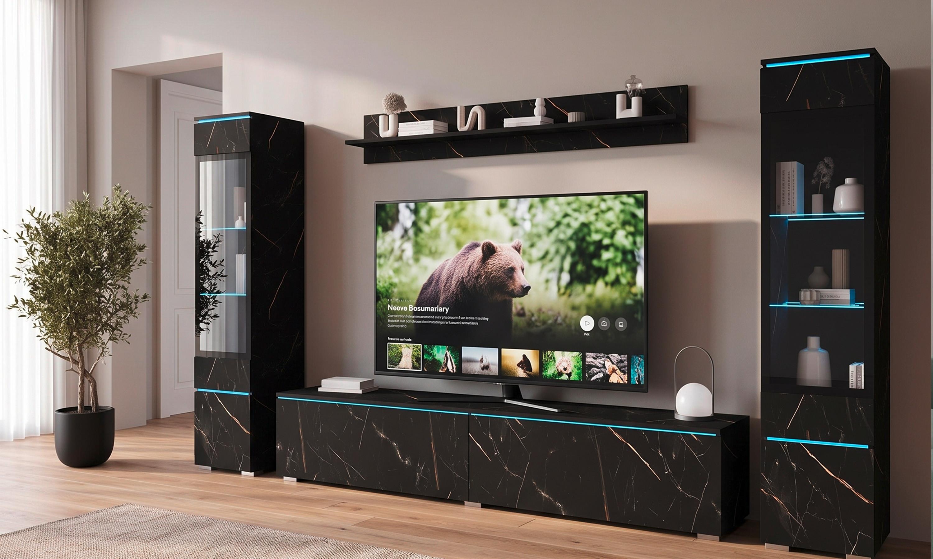 Moderní obývací stěna v černém mramorovém dekoru s LED osvětlením a televizí.