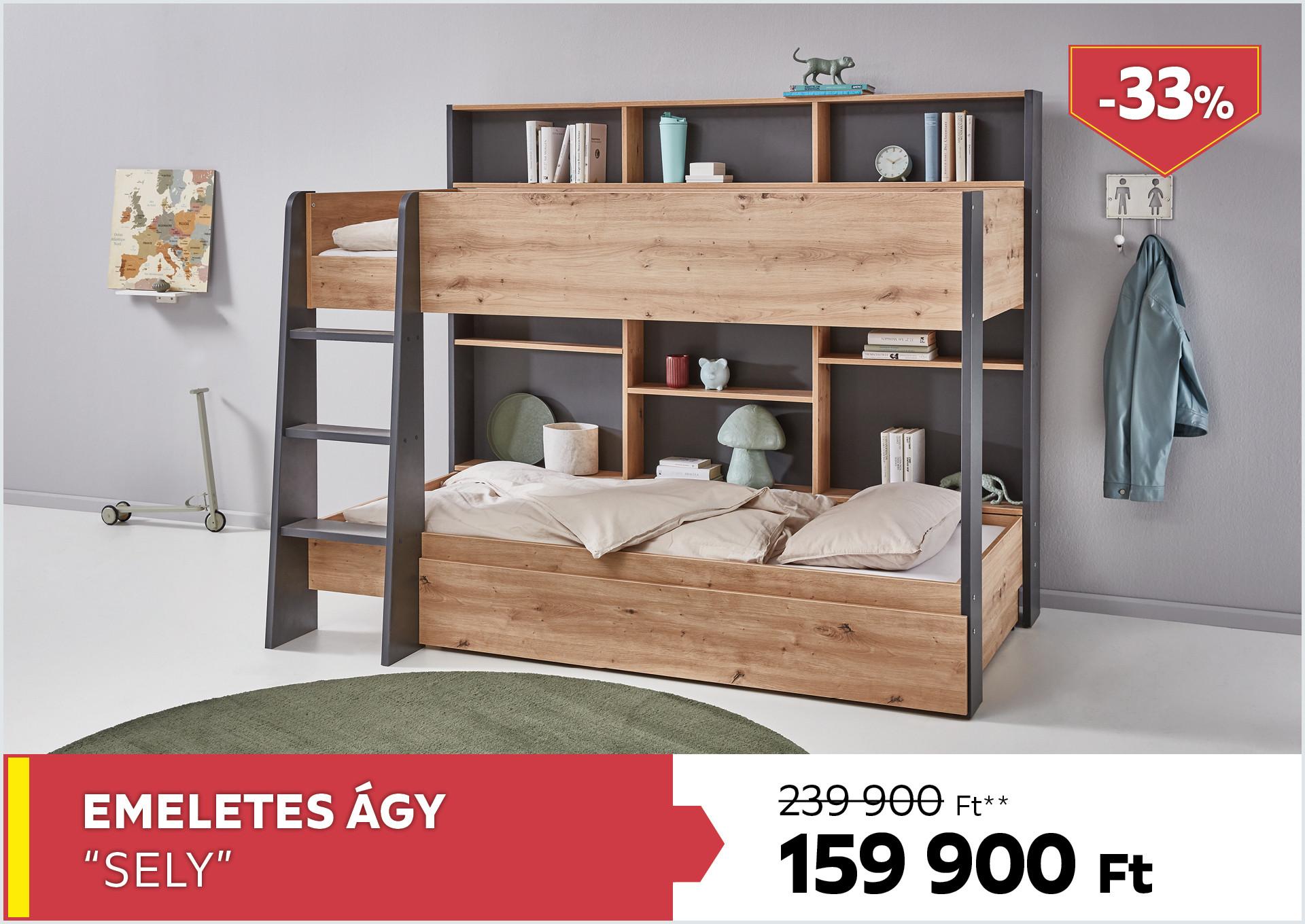 Emeletes ágy Sely 239900Forint helyett 159900Forint kedvezmény mértéke 33%