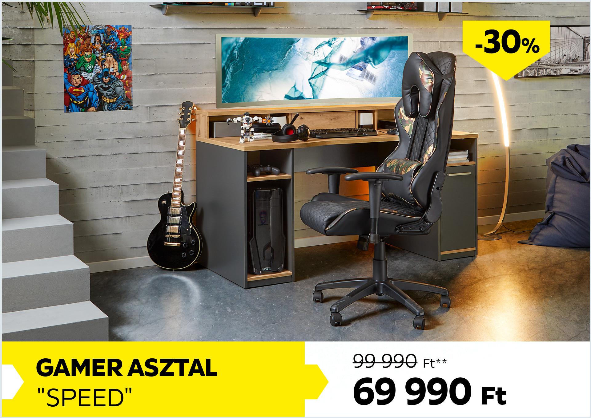 Gamer asztal Speed 99990Forint helyett 69990Forint kedvezmény mértéke 30%