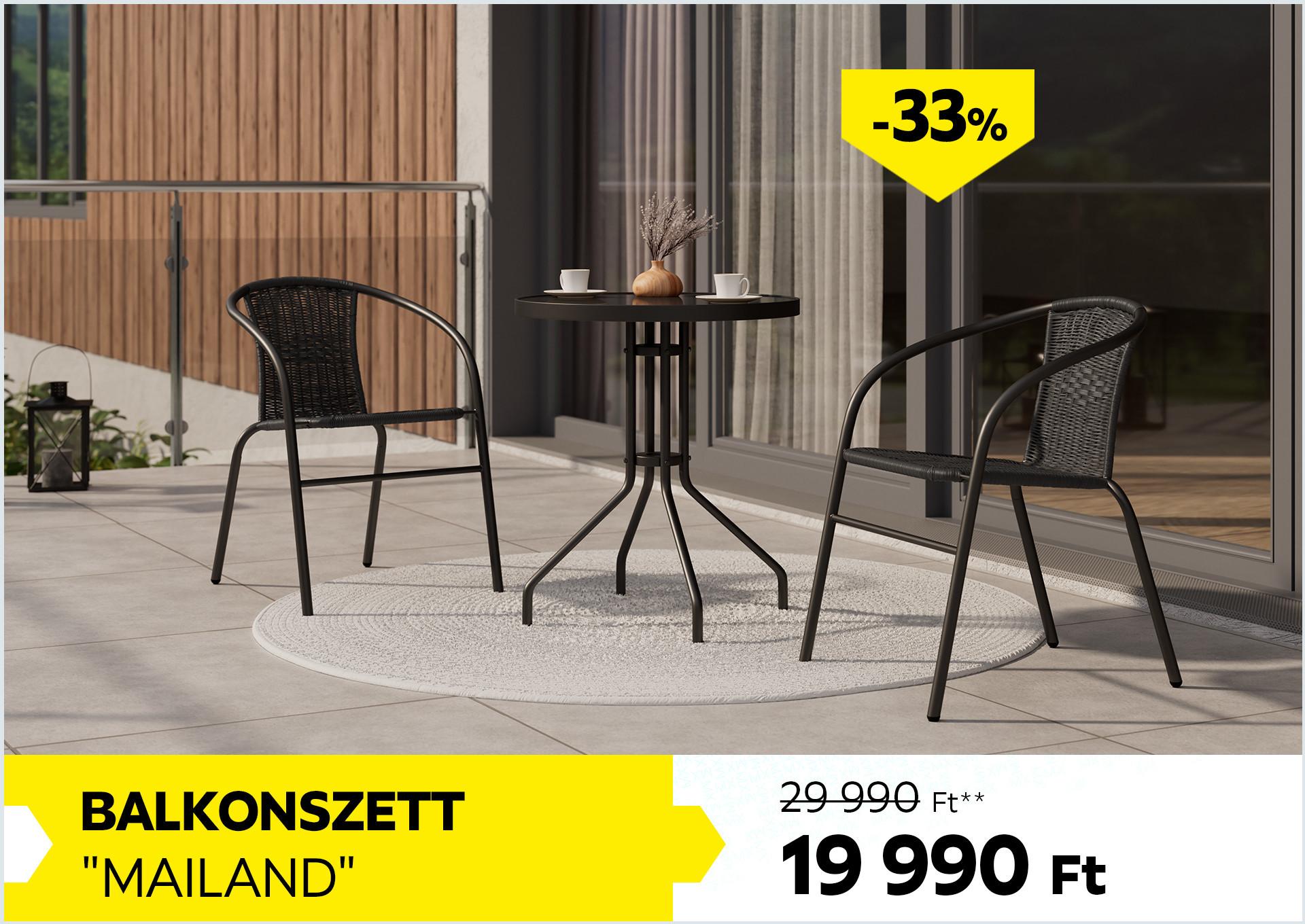 Balkonszett MAILAND 29990 Forint helyett 19990 Forint, kedvezmény mértéke: 33%