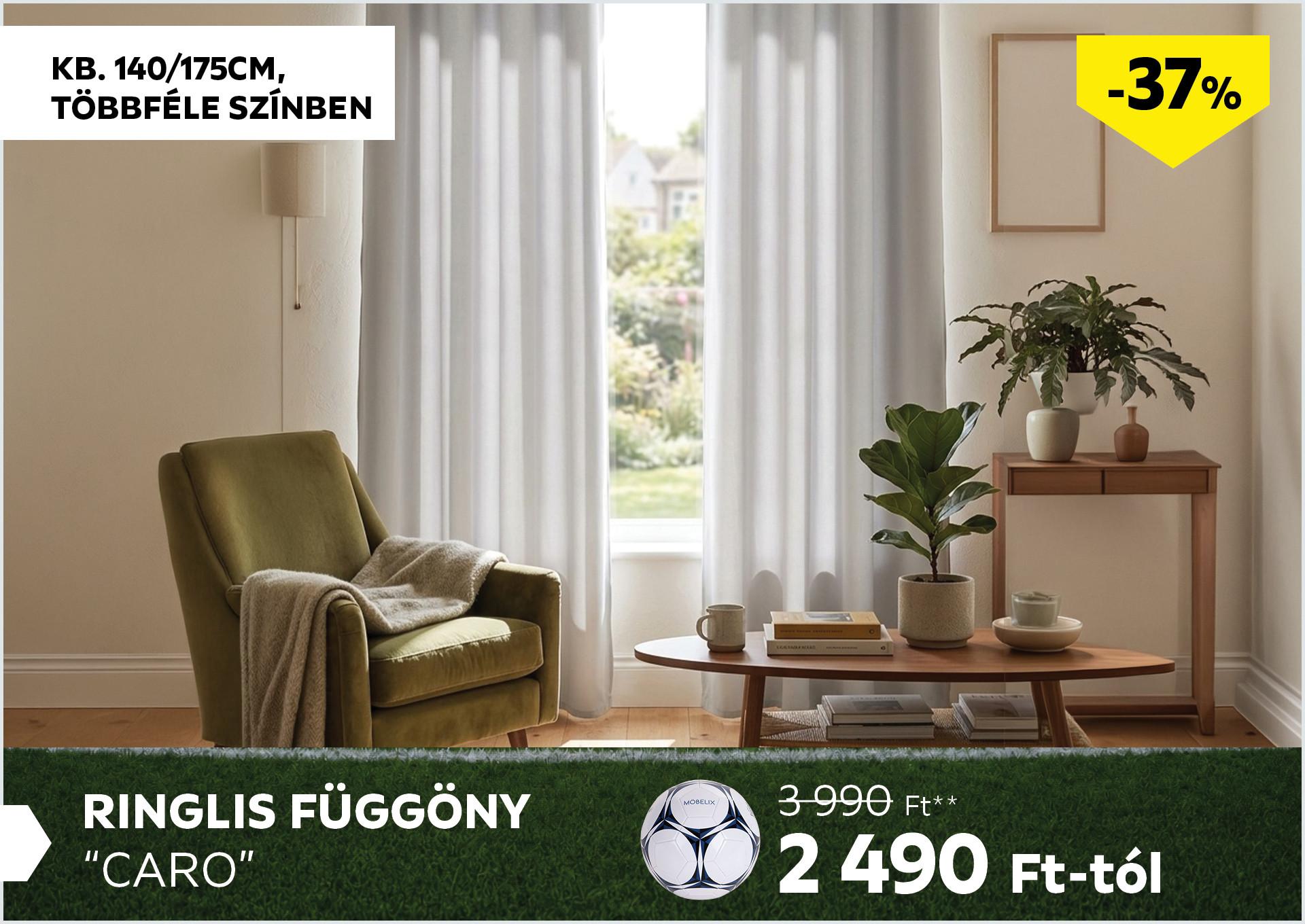 Ringlis függöny kb. 140/175cm CARO 3990Forint helyett 2490Forint kedvezmény mértéke 37%