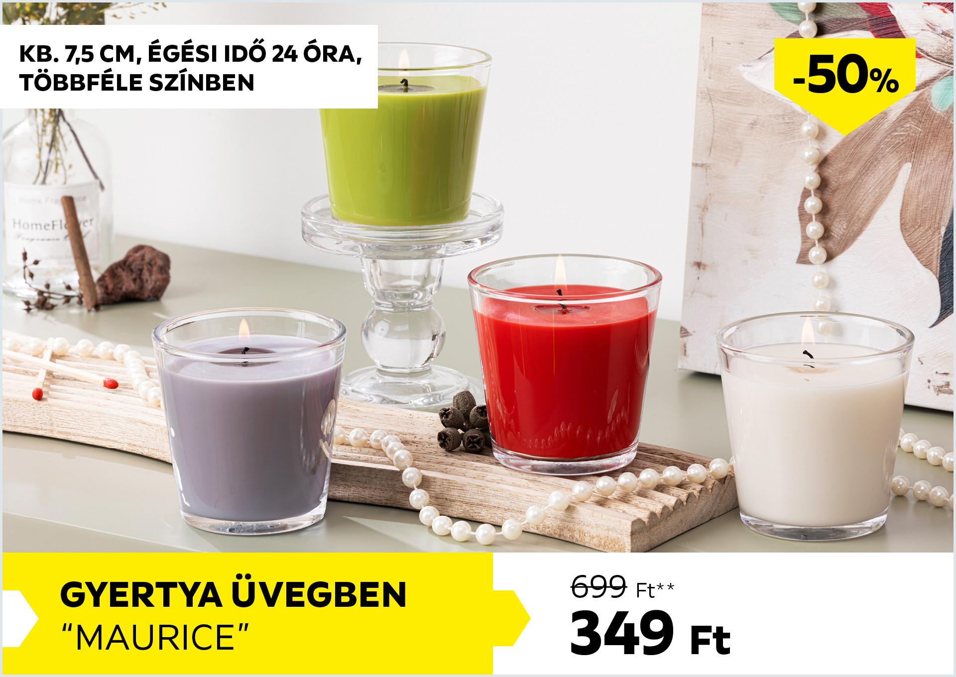 Gyertya üvegben kb. 7,5cm, égési idő 24óra MAURICE 699Forint helyett 349Forint kedvezmény mértéke 50%