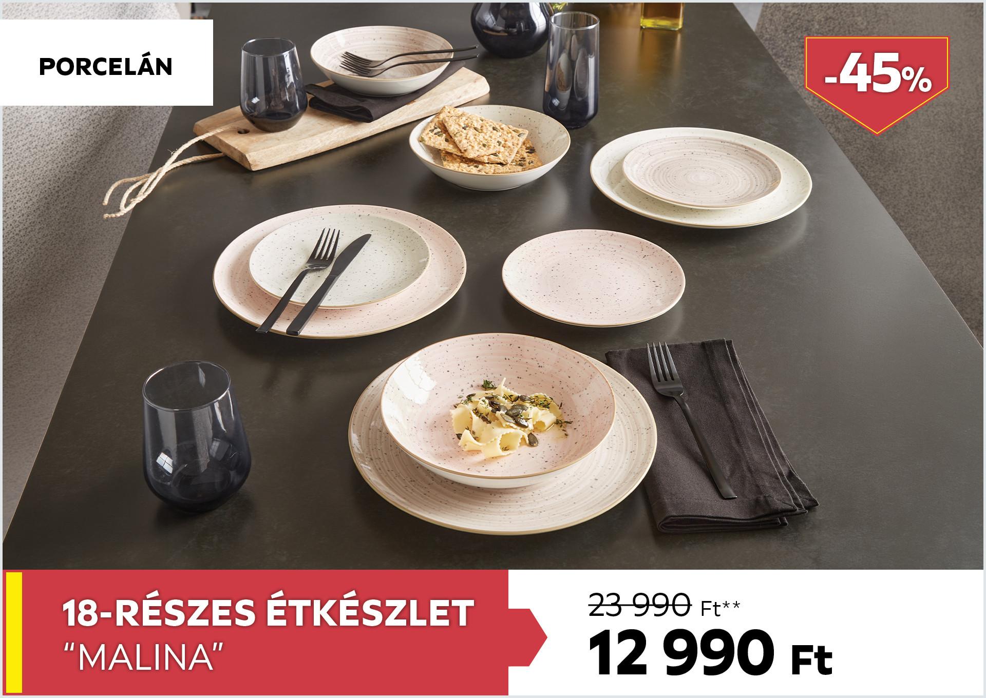 18-részes étkészlet (porcelán) MALINA 23990Forint helyett 12990Forint kedvezmény mértéke 45%