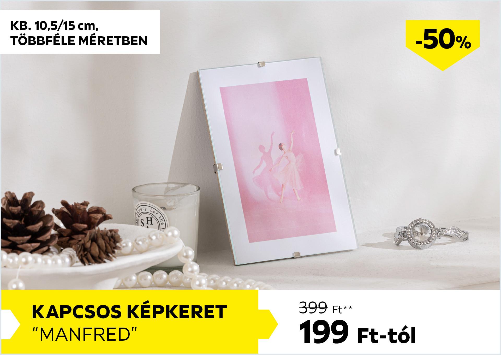 Kapcsos képkeret kb. 10,5/15cm MANFRED 399Forint helyett 199Forint kedvezmény mértéke 50%