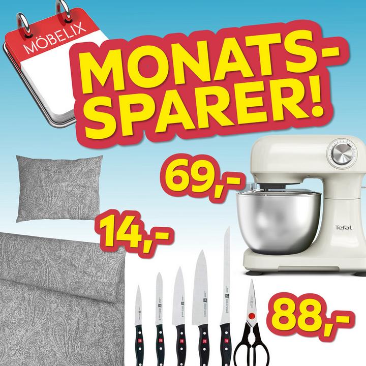 Monatssparer, Bettwäsche um 14€, Küchenmaschine um 69€, Messerset um 88€