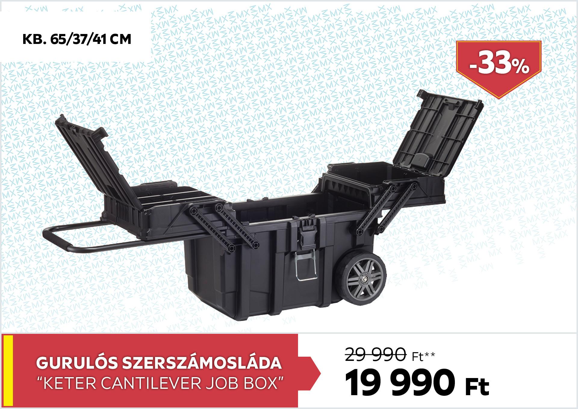 Gurulós szerszámosláda kb. 65/37/41cm fekete KETER CANTILEVER JOB BOX 29990Forint helyett 19990Forint kedvezmény mértéke 33%