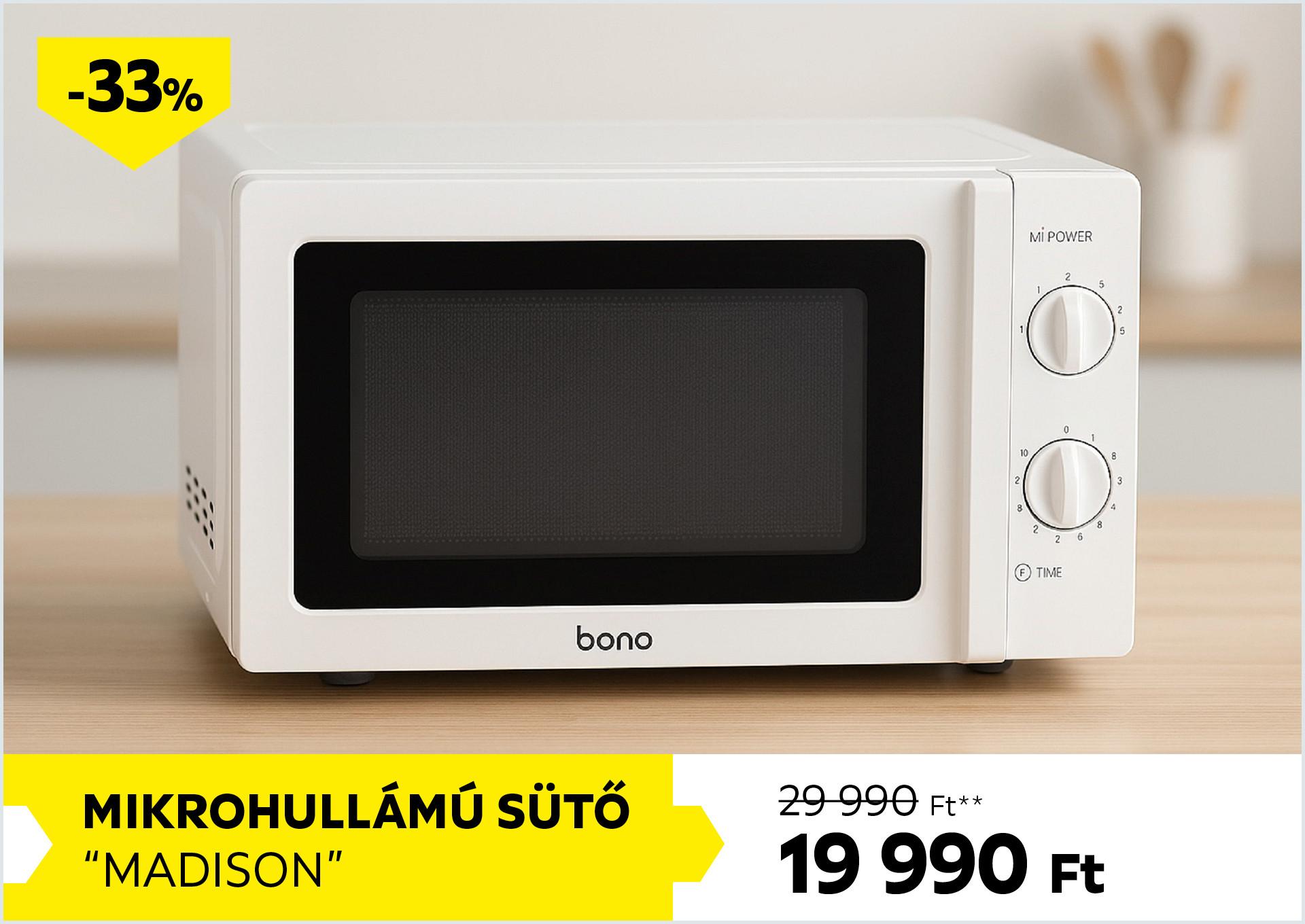 Mikrohullámú sütő MADISON 29990Forint helyett 19990Forint kedvezmény mértéke 33%