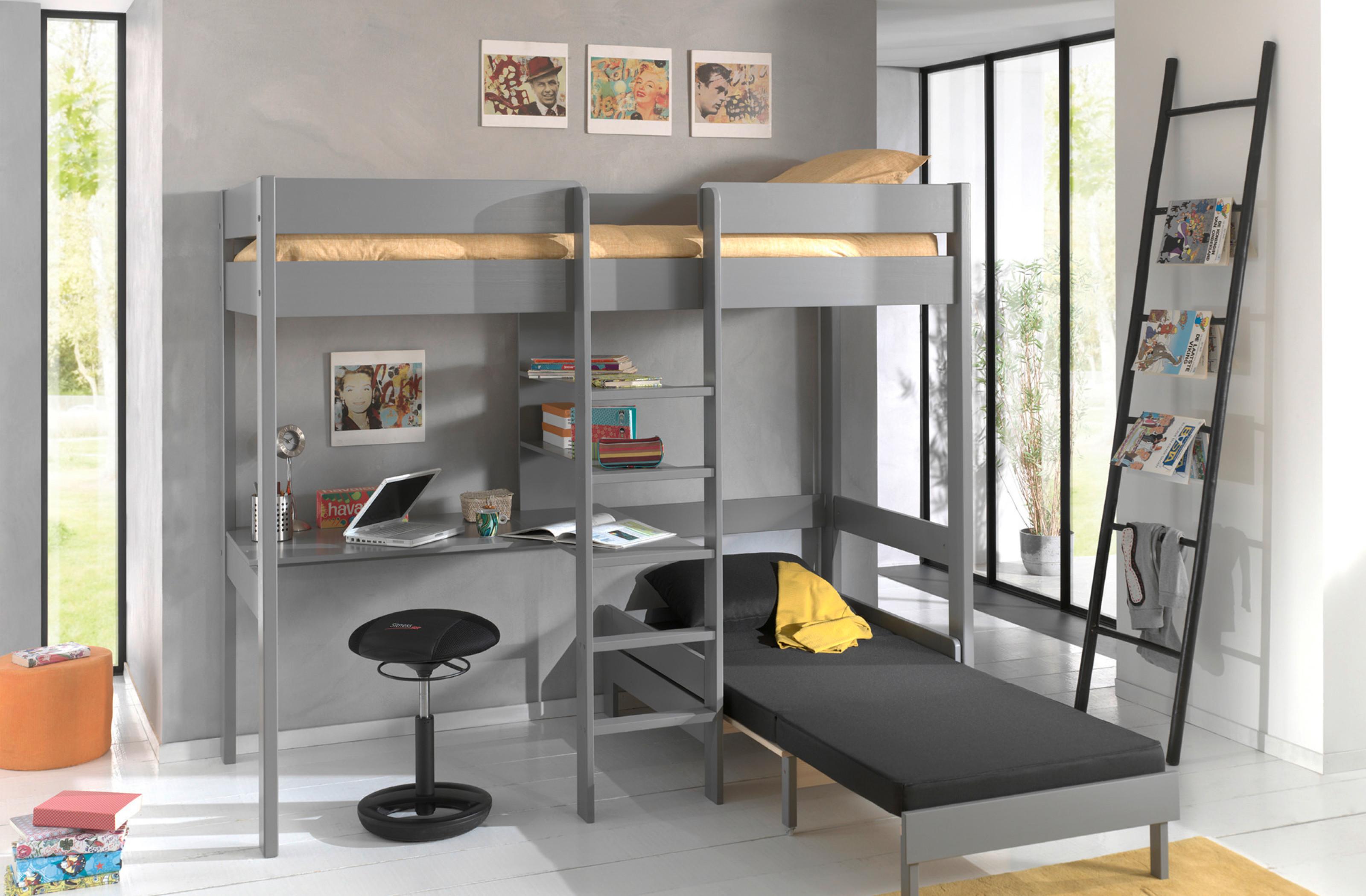 Vyvýšená Posteľ Pino So Stolom - farby borovice/sivá, Basics, drevo (90/200cm) - MID.YOU