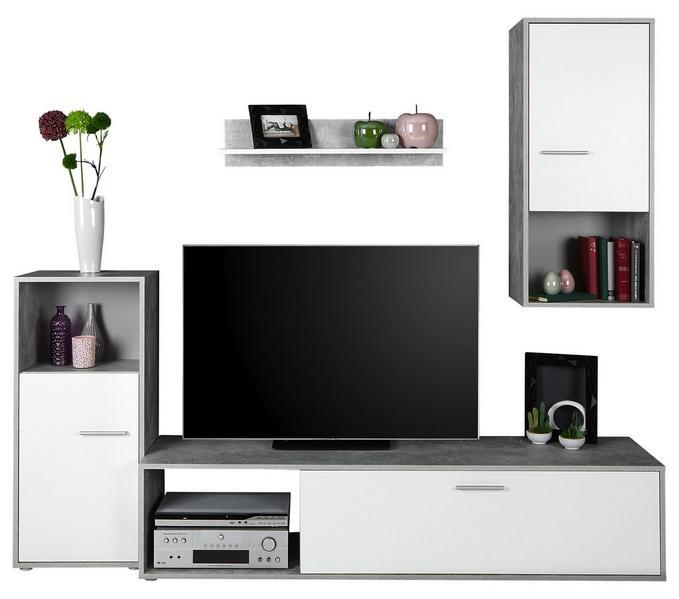 Wohnwand Aran B:221cm Betonoptik/ Perlweiß Dekor