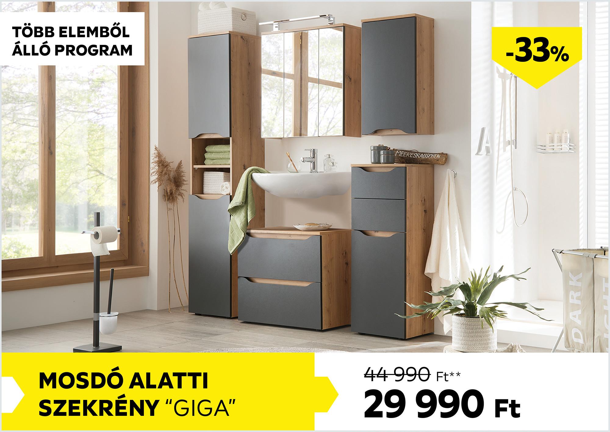 Mosdószekrény mosdóval Giga 44990Forint helyett 29990Forint kedvezmény mértéke 33%
