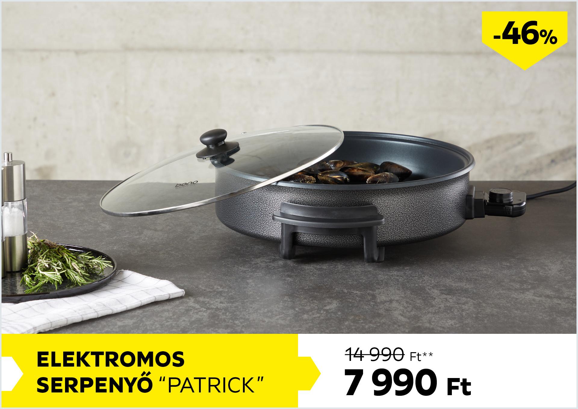 Elektromos serpenyő PATRICK 14990Forint helyett 7990Forint kedvezmény mértéke 46%