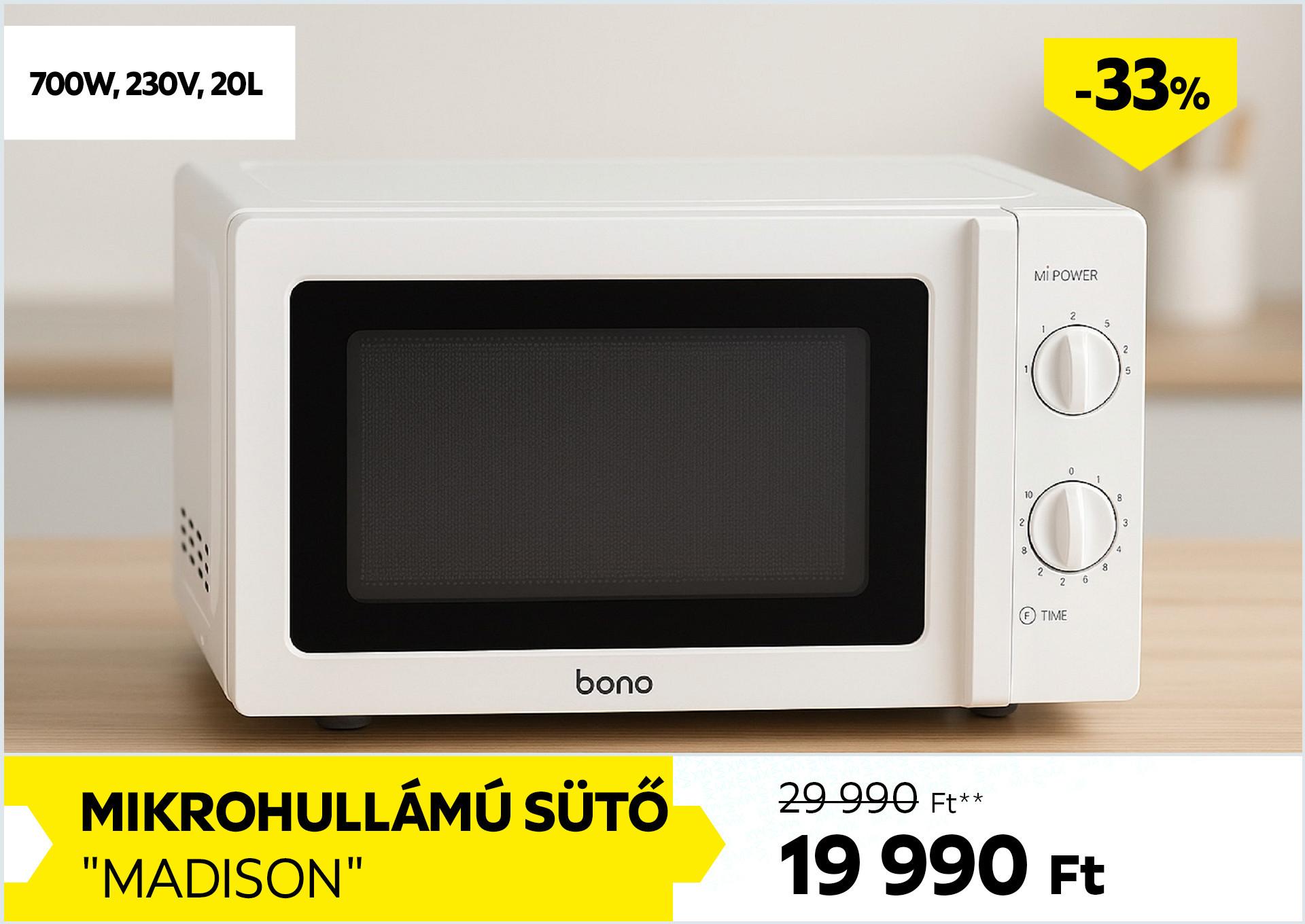 Mikrohullámú sütő, 700W, 230V, 20L MADISON 29990Forint helyett 19990Forint kedvezmény mértéke 33%