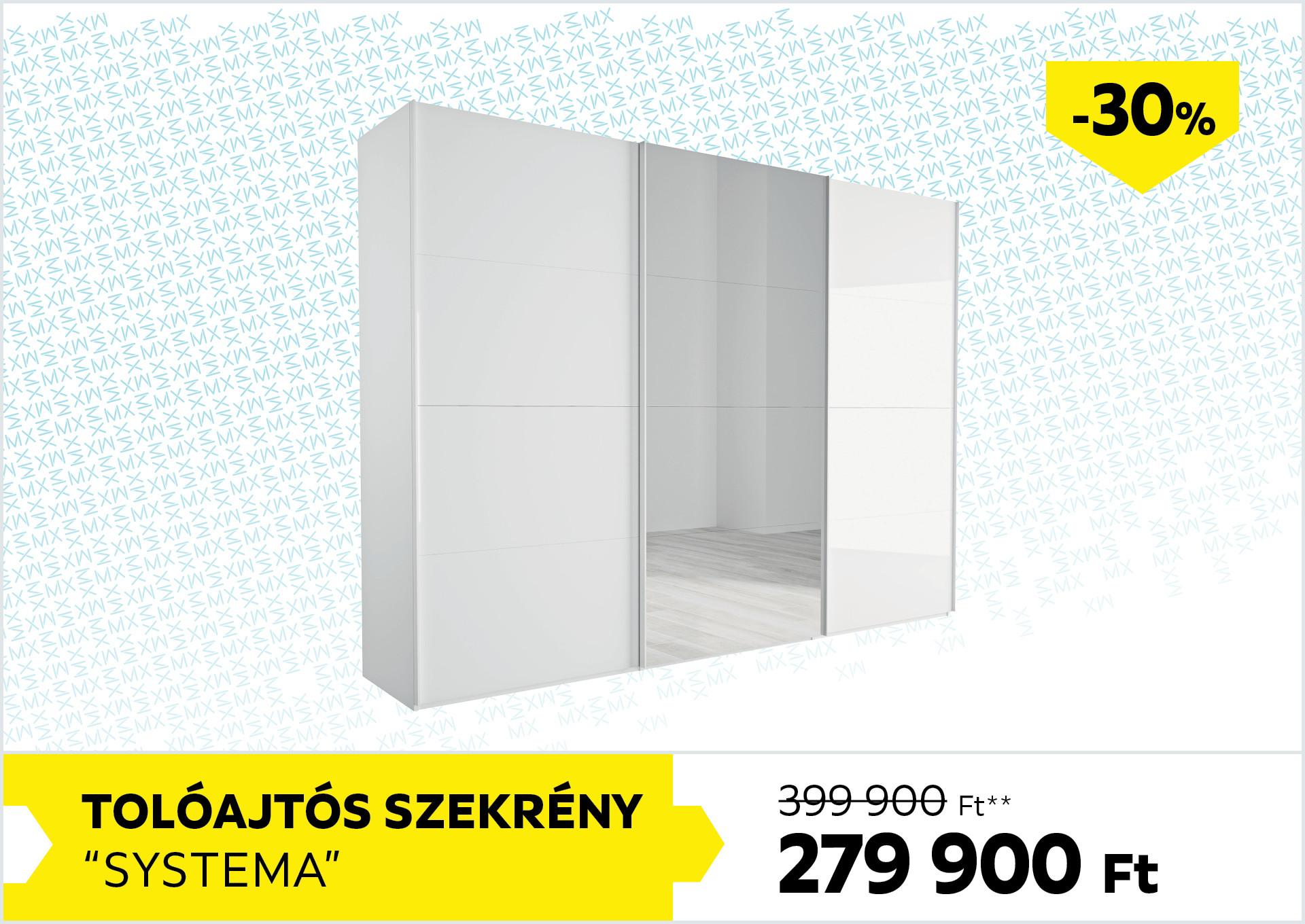 Tolóajtós szekrény Systema 399900Forint helyett 279900Forint kedvezmény mértéke 30%