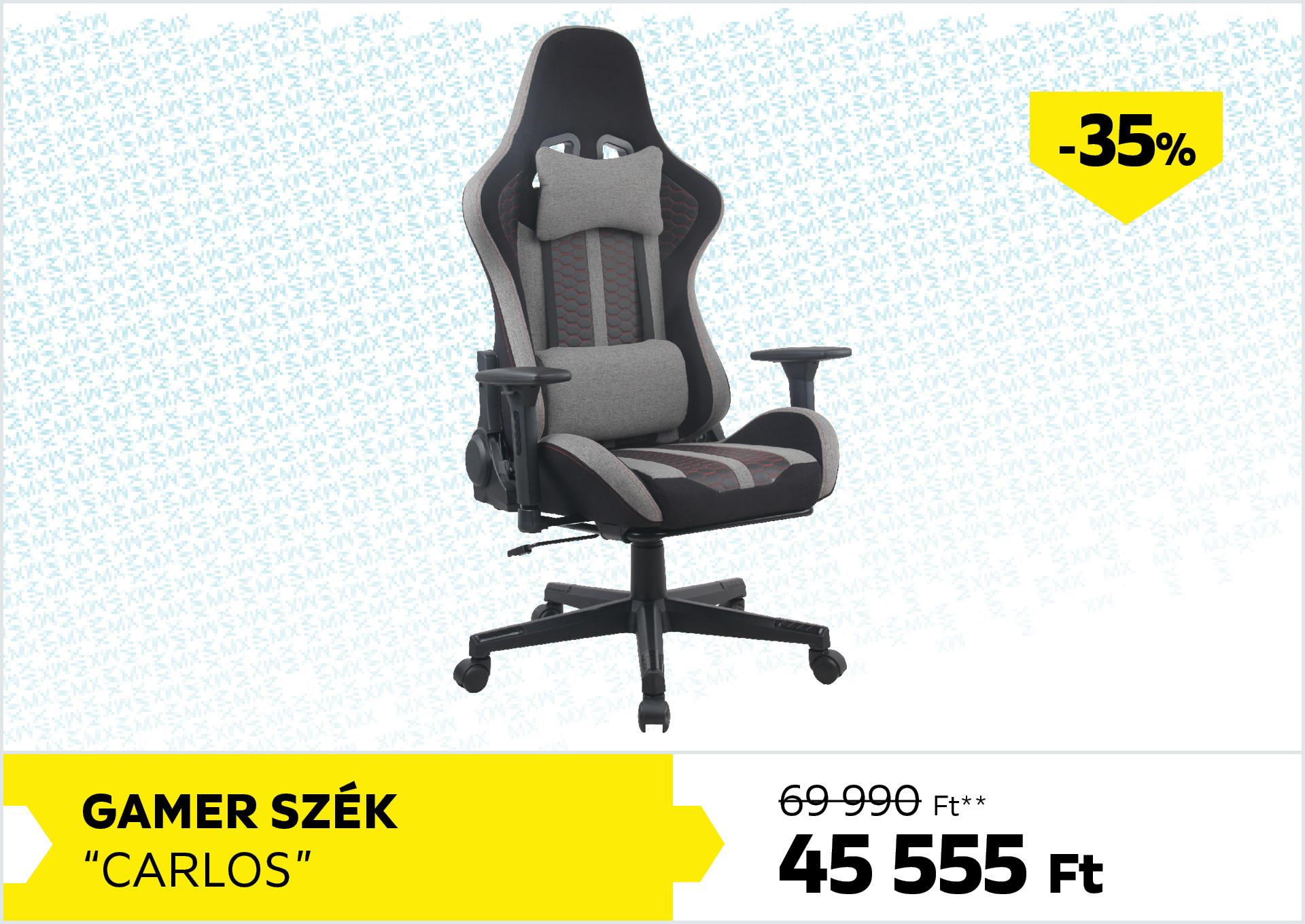 GAMER SZÉK CARLOS 69990Forint helyett 45555Forint kedvezmény mértéke 35%