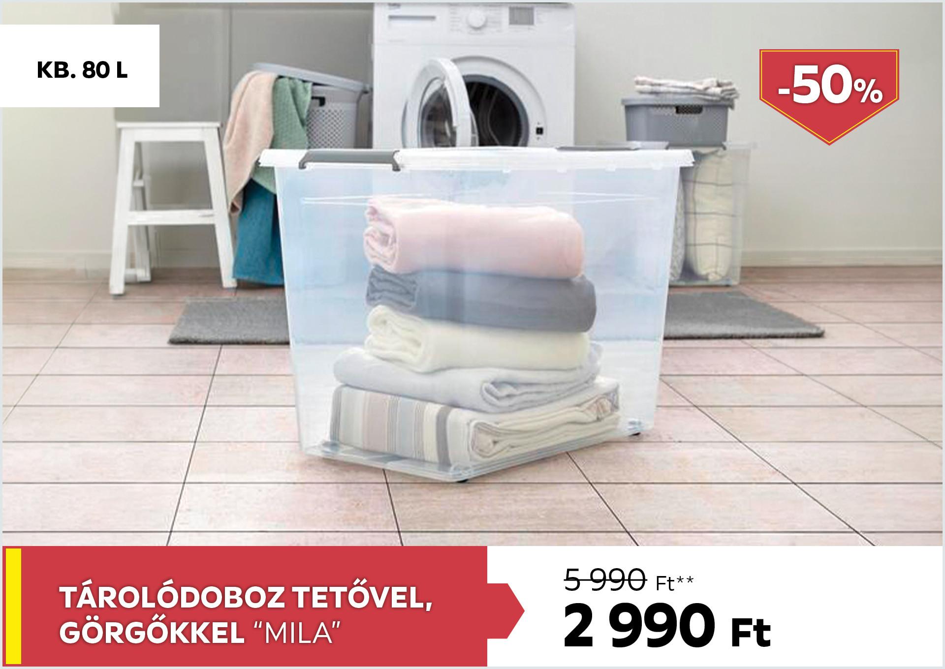 Tárolódoboz tetővel, görgőkkel, kb. 80l MILA 5990Forint helyett 2990Forint kedvezmény mértéke 50%