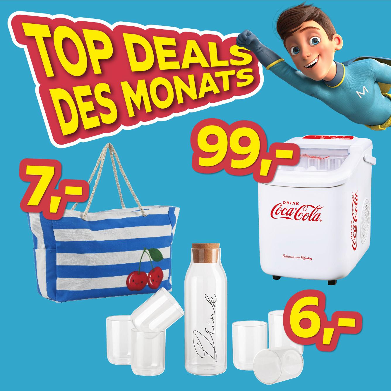 Top Deals des Monats, Strandtasche 7€, Eiswürfelmaschine 99€, Gläserset 6€