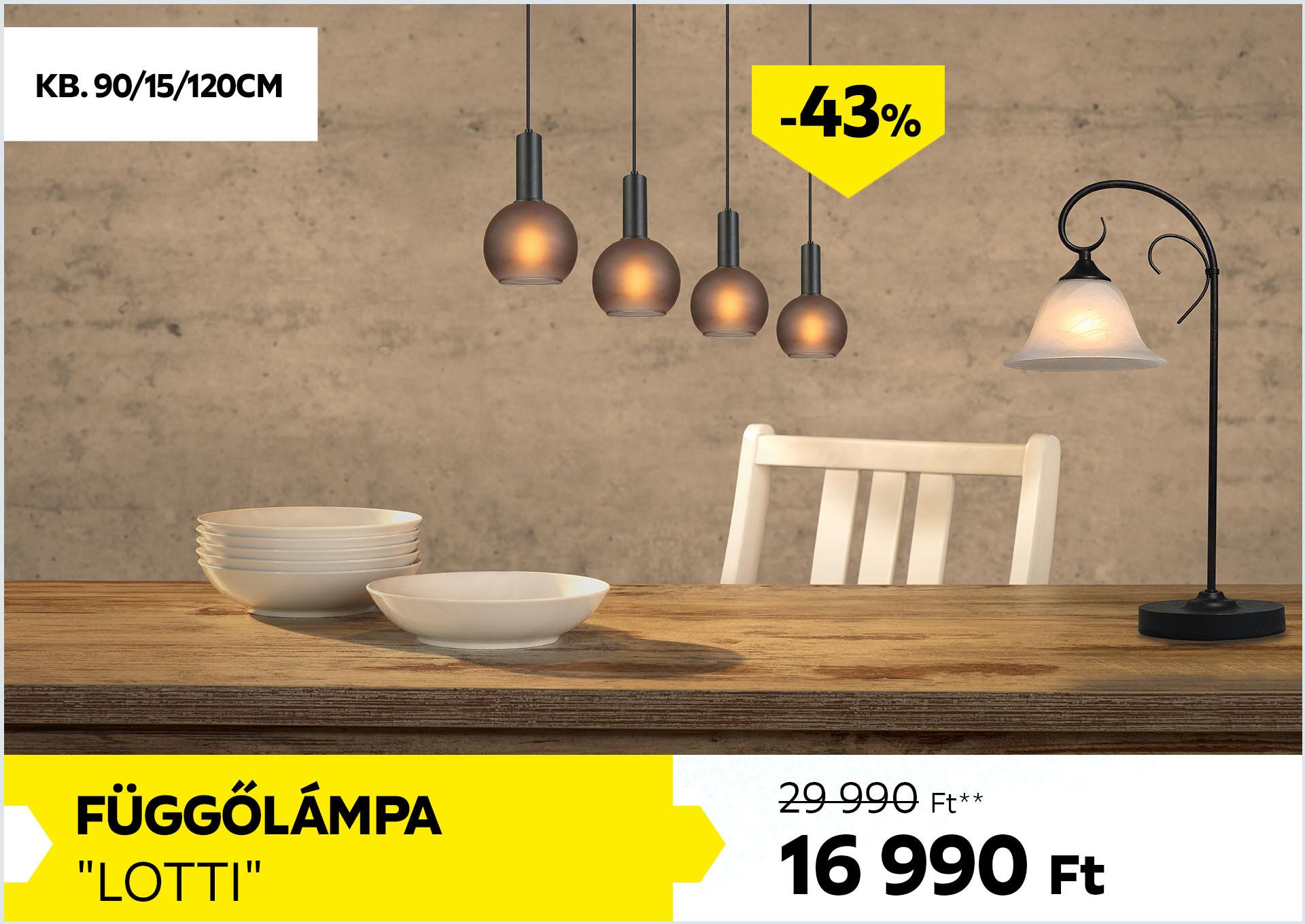 Függőlámpa kb. 90/15/120cm LOTTI 29990Forint helyett 16990Forint kedvezmény mértéke 43%