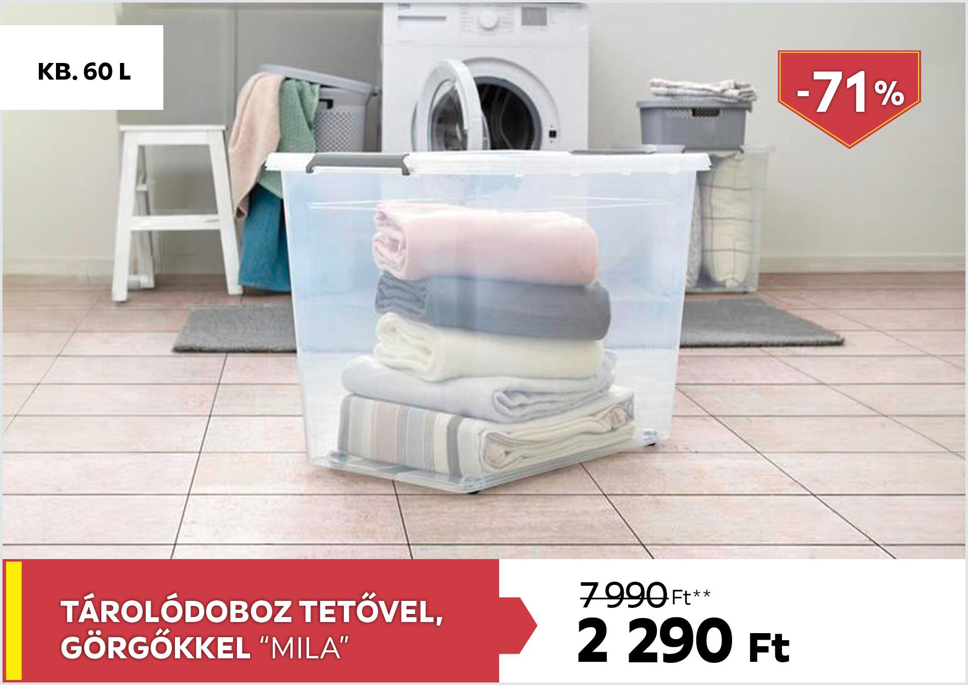 Tárolódoboz tetővel, görgőkkel, kb. 60l MILA 7990Forint helyett 2290Forint kedvezmény mértéke 71%