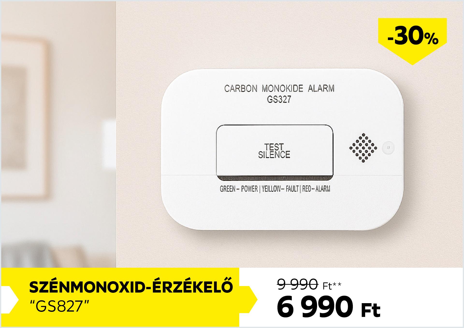 Szénmonoxid-érzékelő GS827  9990Forint helyett 6990Forint kedvezmény mértéke 30%