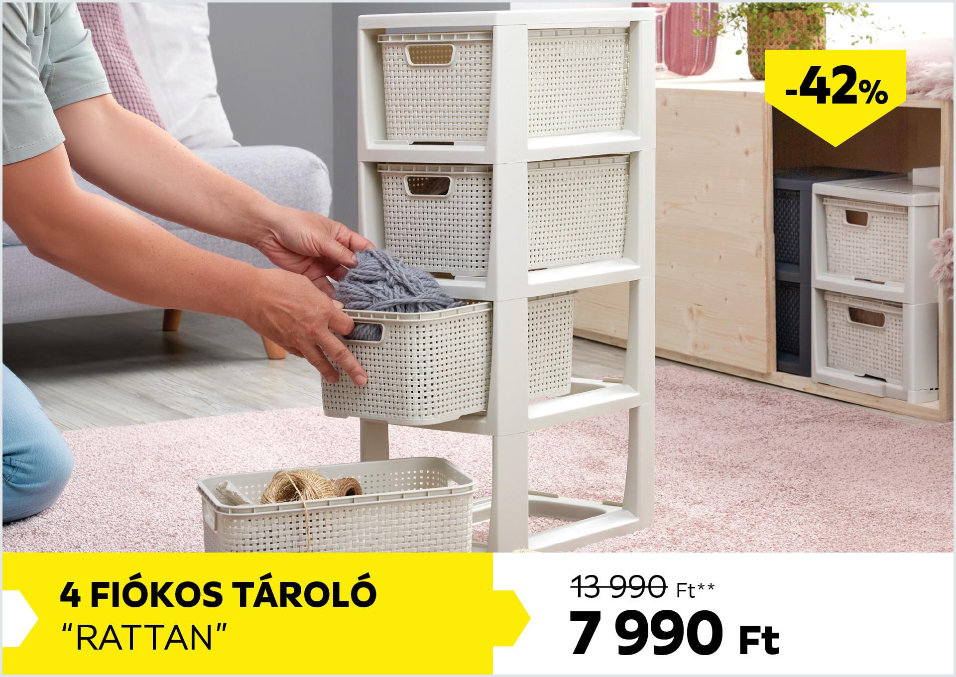 4 fiókos tároló RATTAN 13990Forint helyett 7990Forint kedvezmény mértéke 42%