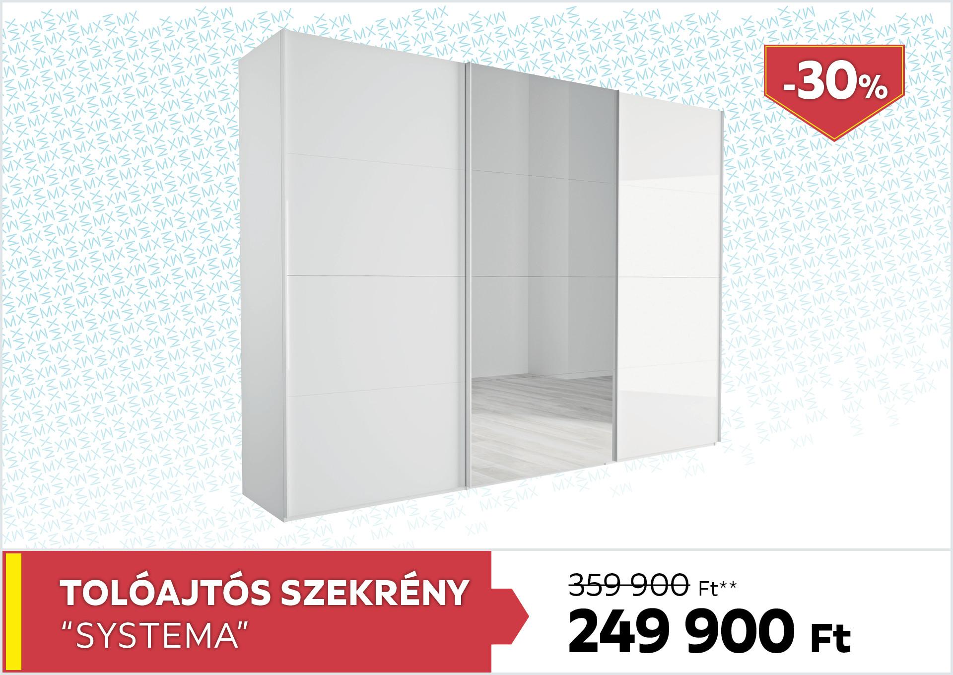 Tolóajtós szekrény Systema 359900Forint helyett 249900Forint kedvezmény mértéke 30%