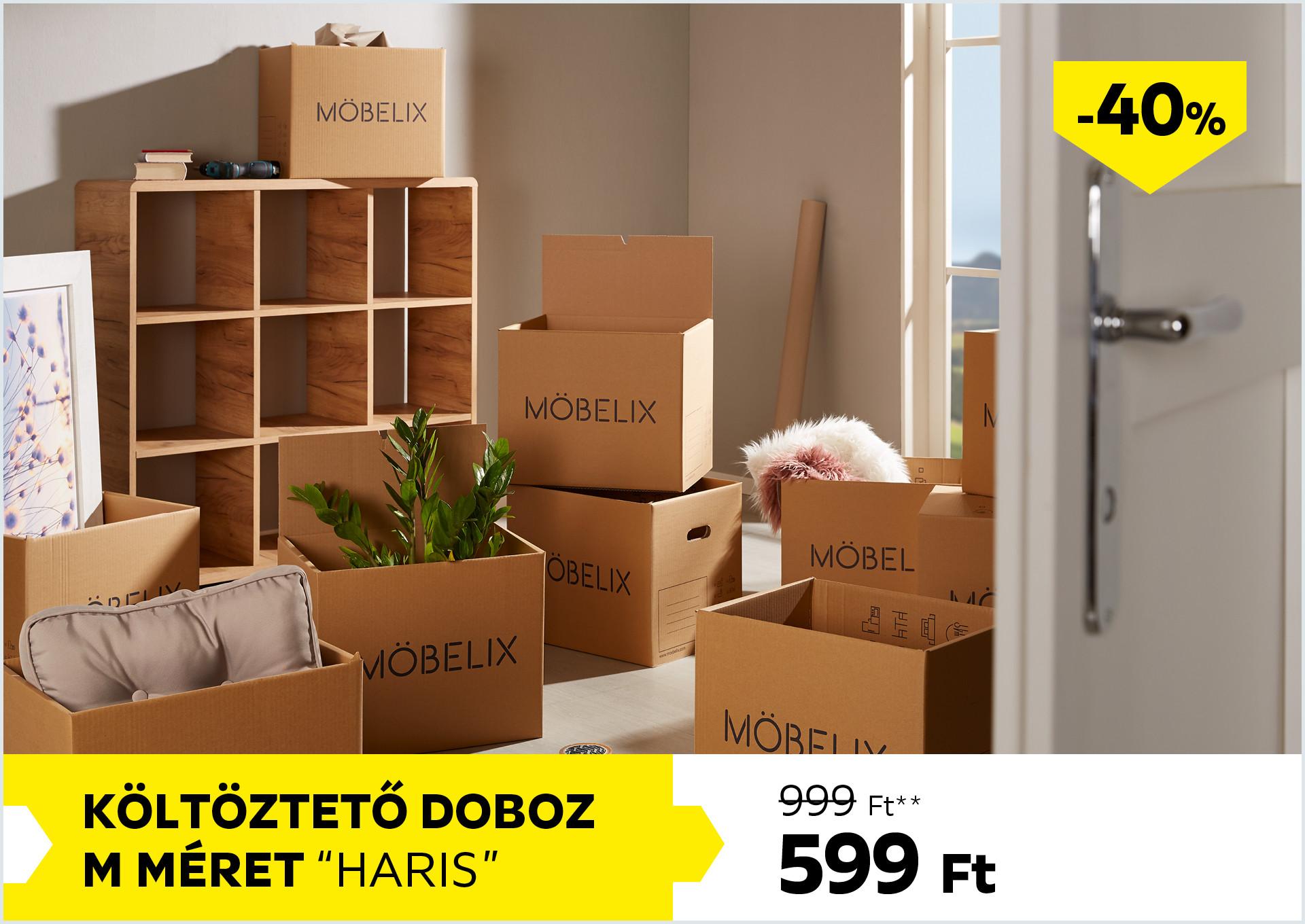 Költöztető doboz M méret HARIS 999Forint helyett 599Forint kedvezmény mértéke 40%