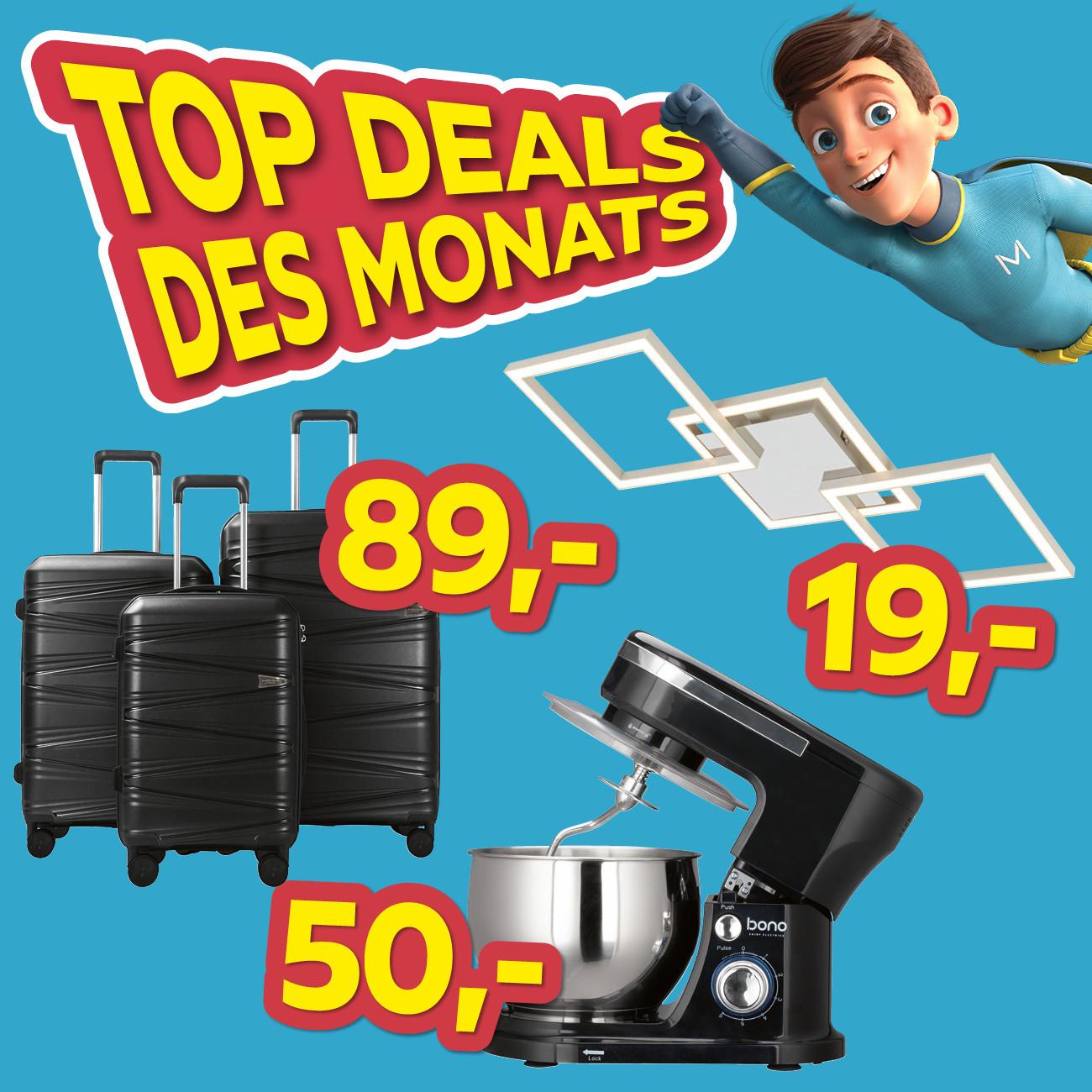 Top Deals des Monats, Kofferset 89€, Küchenmaschine 50€, Deckenleuchte 19€