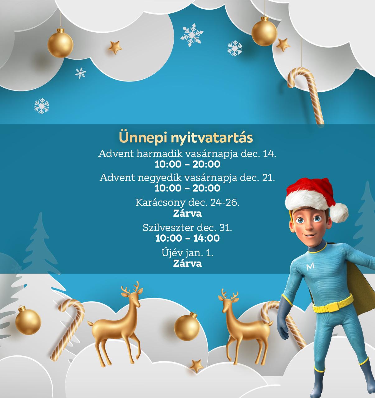 Ünnepi nyitvatartás: december 14. 10:00-20:00, december 21. 10:00-20:00, karácsony alatt zárva, december 31. 10:00-14:00, január 1-én zárva