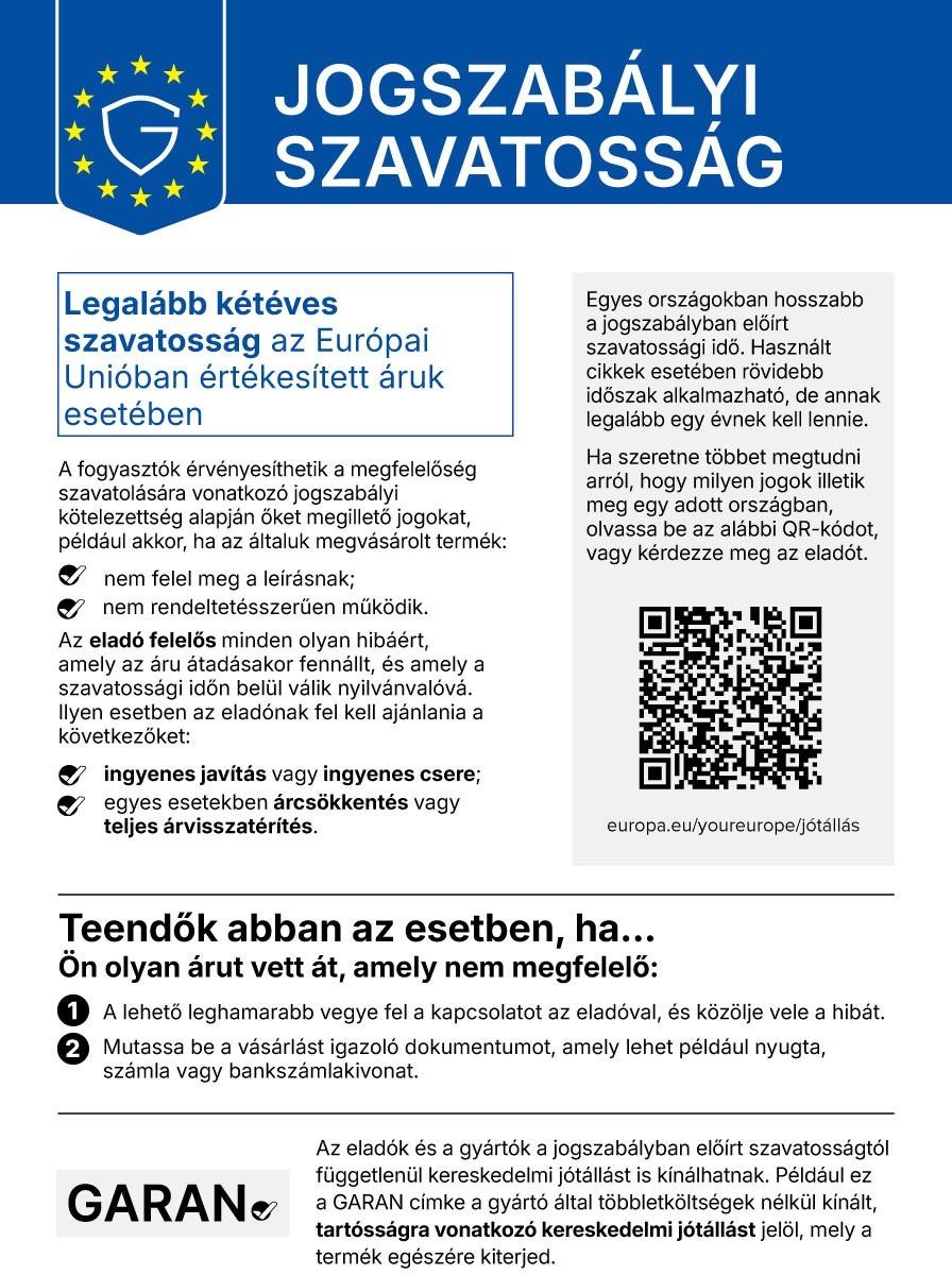 A jogszabályi szavatosságról szóló harmonizált értesítés. A pdf megnyitásához kattintson a képre!
