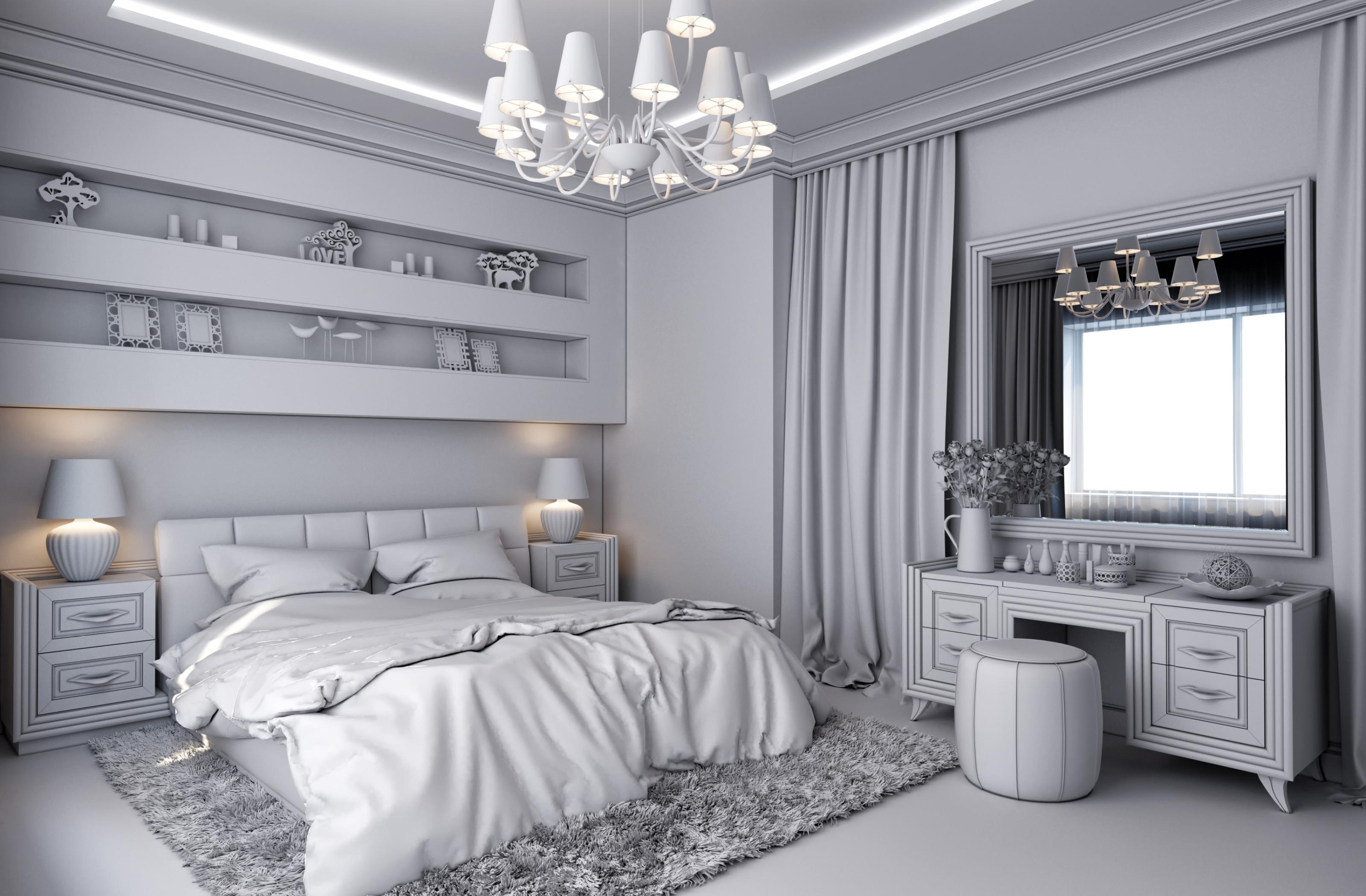 luxusní moderní bílá ložnice s bílým nábytkem a lustrem
