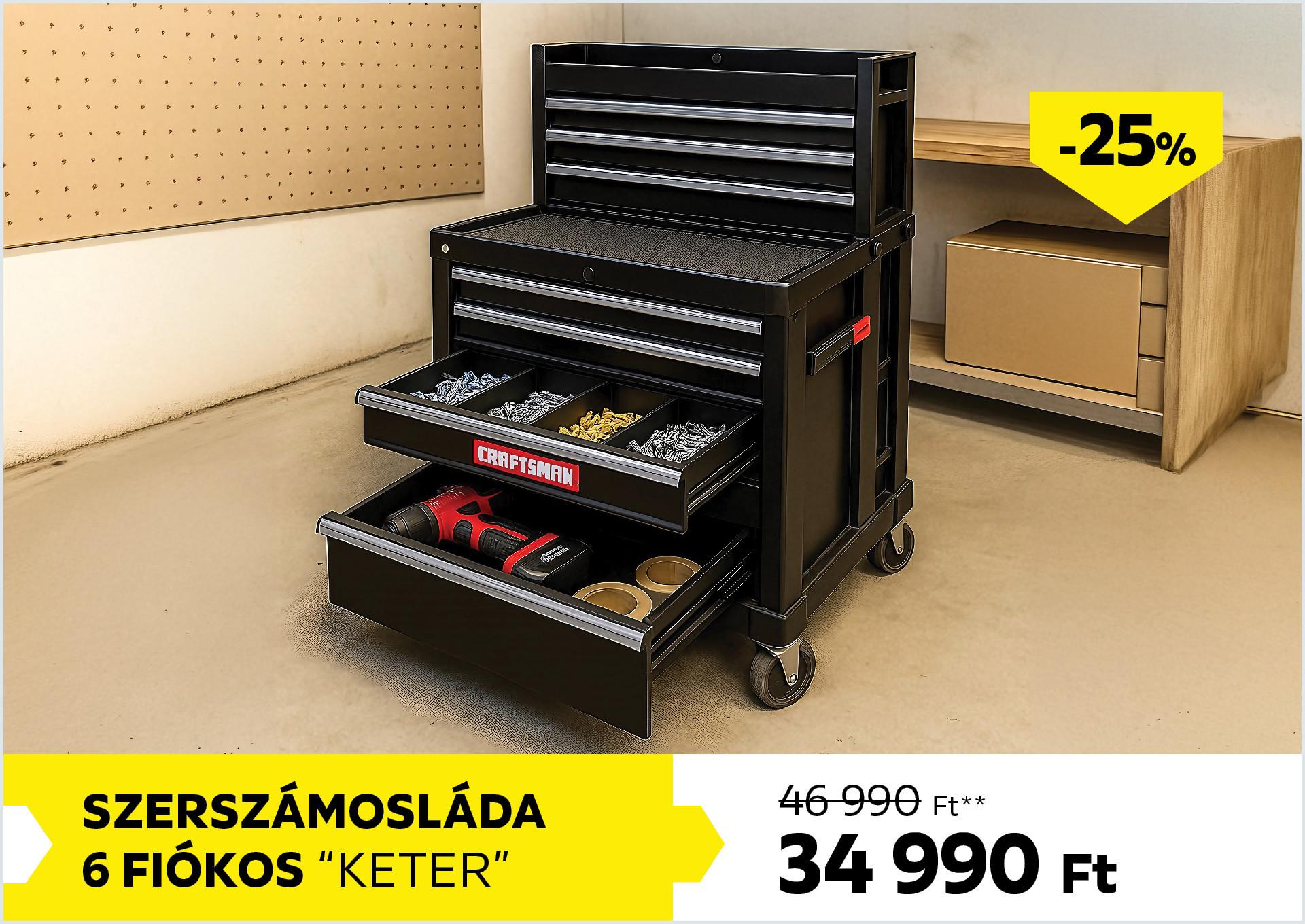 Szerszámosláda 6 fiókos KETER 46990Forint helyett 34990Forint kedvezmény mértéke 25%
