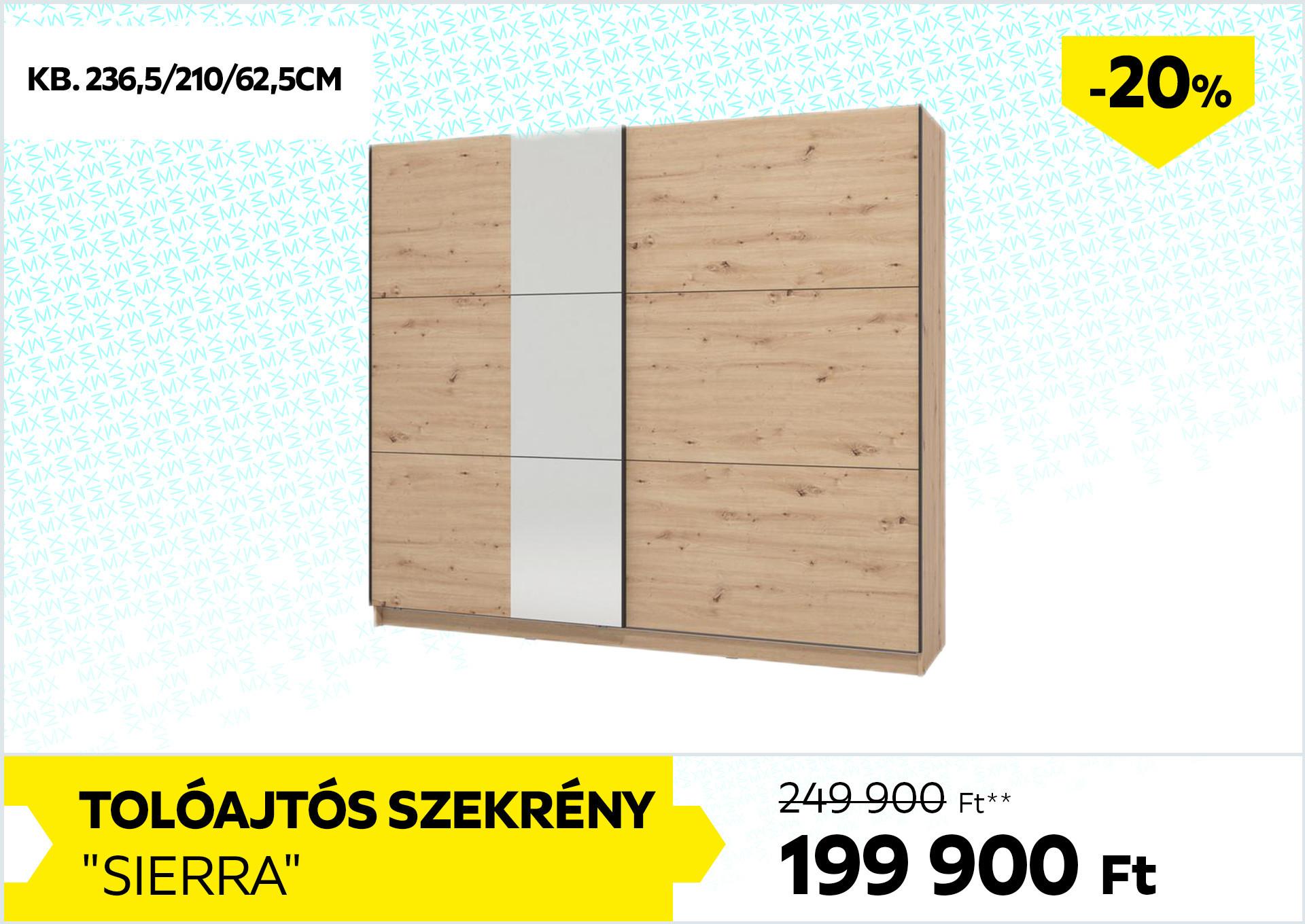 Tolóajtós szekrény Sierra 249900Forint helyett 199900Forint kedvezmény mértéke 20%