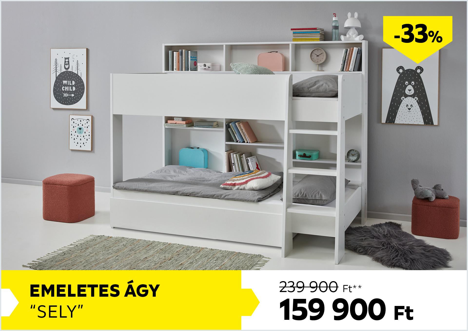 Emeletes ágy Sely 239900Forint helyett 159900Forint kedvezmény mértéke 33%