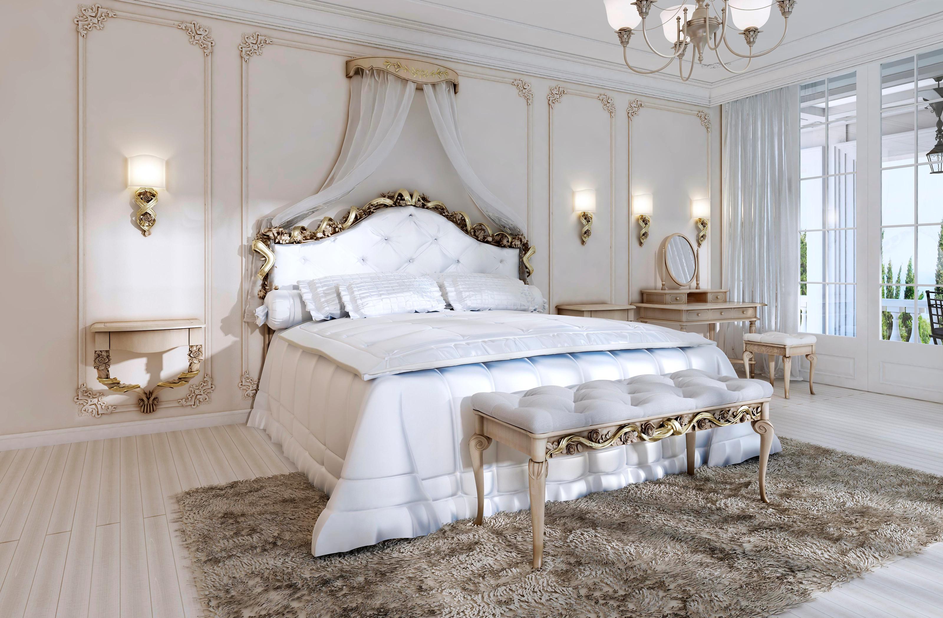 luxusní provensálská ložnice s bílou postelí