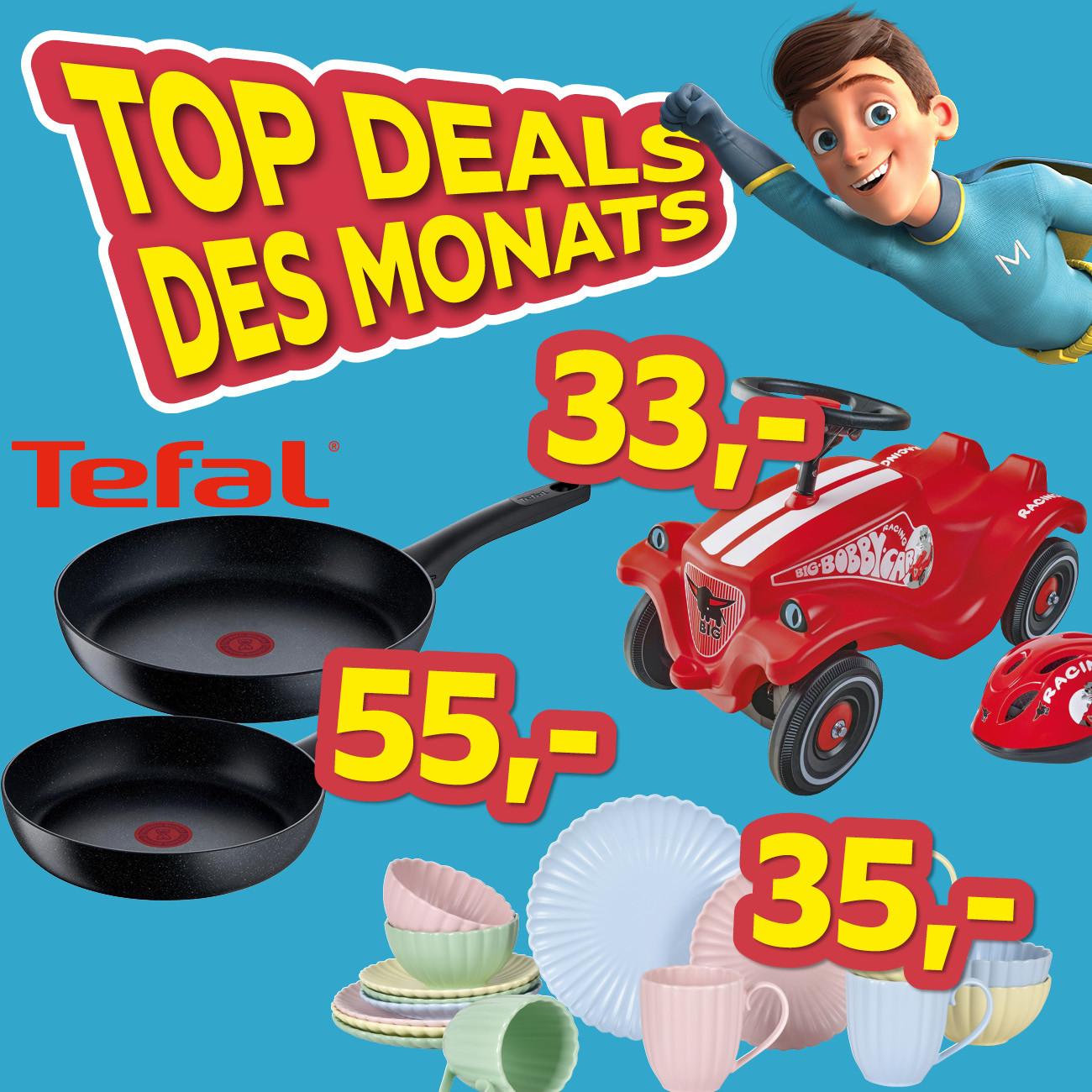 Top Deals des Monats, Tefal Pfannenset 55€, Bobbycar 33€, Geschirrset 35€