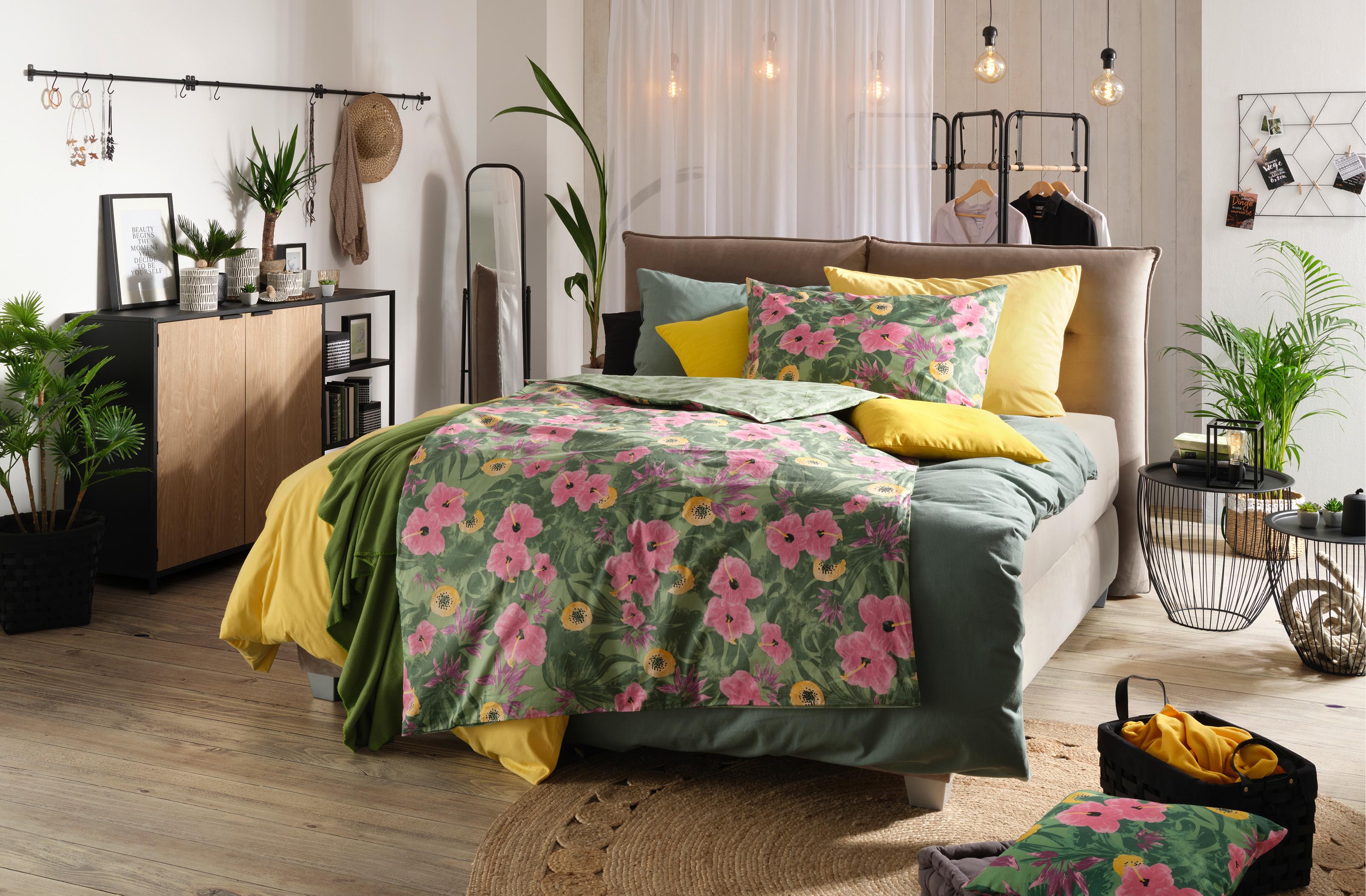 textil, spálňa v tropických farbách, posteľné obliečky