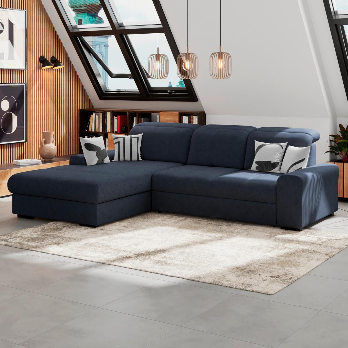 Ecksofa mit Bettfunktion Malaga new Chenille blau - Blau/Schwarz, KONVENTIONELL, Textil (203/286cm) - Ondega