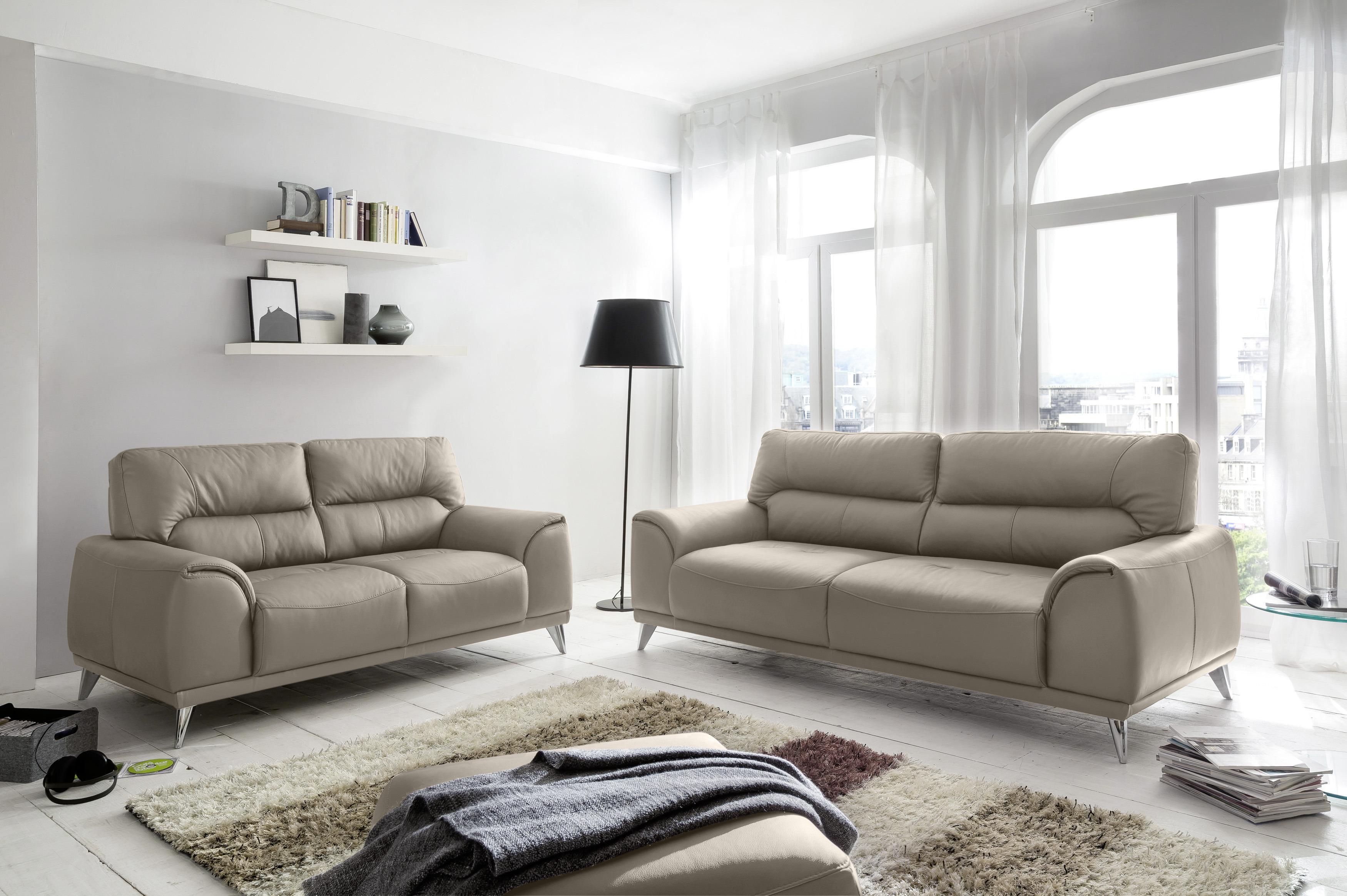 Dreisitzer-Sofa Frisco, Lederlook - Sandfarben/Chromfarben, MODERN, Textil (210/92/96cm) - MID.YOU