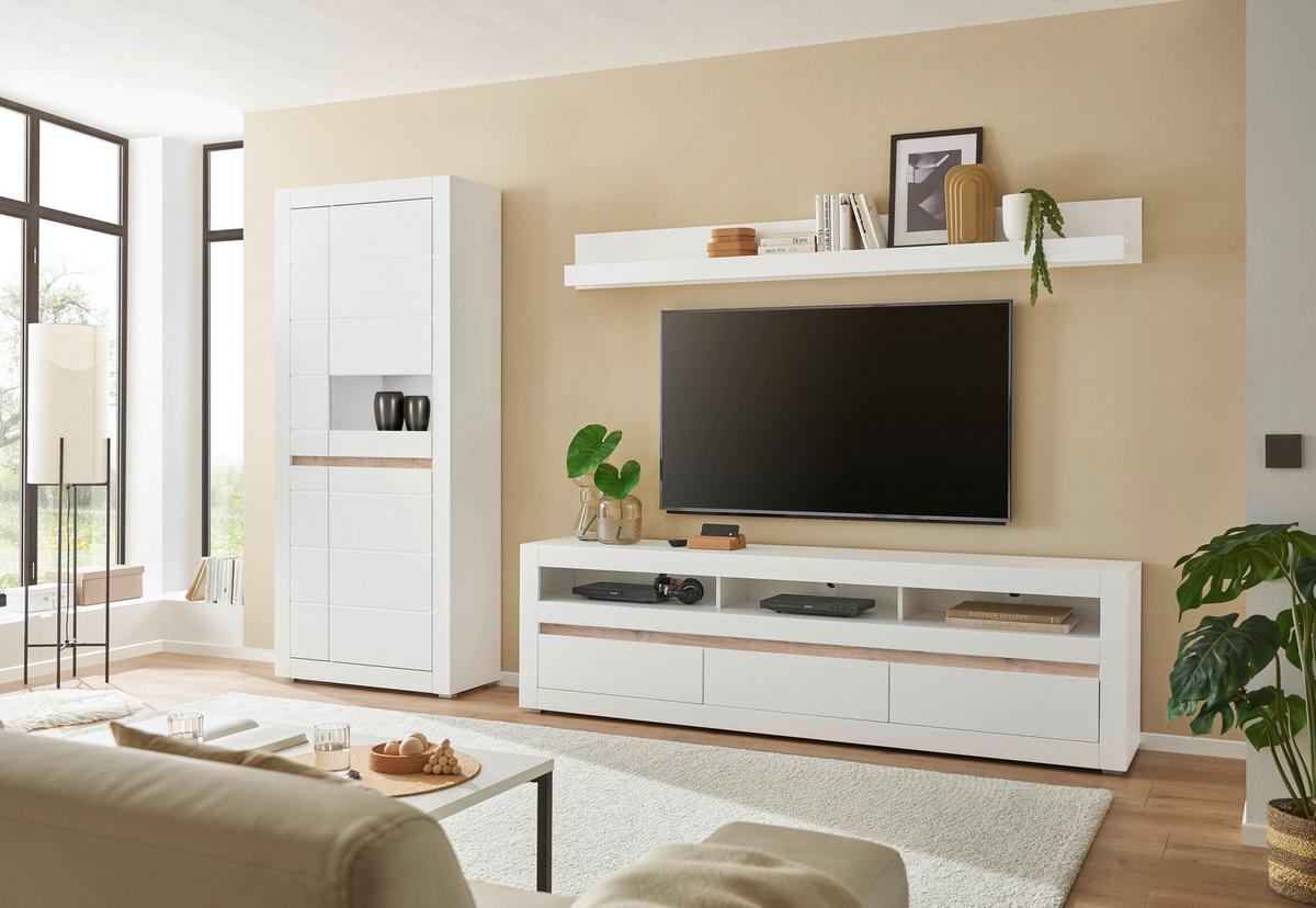 Wohnwand Chester Weiß/Eichefarben B: 312cm - Eichefarben/Silberfarben, Design, Glas/Holzwerkstoff (312/198/42cm) - MID.YOU