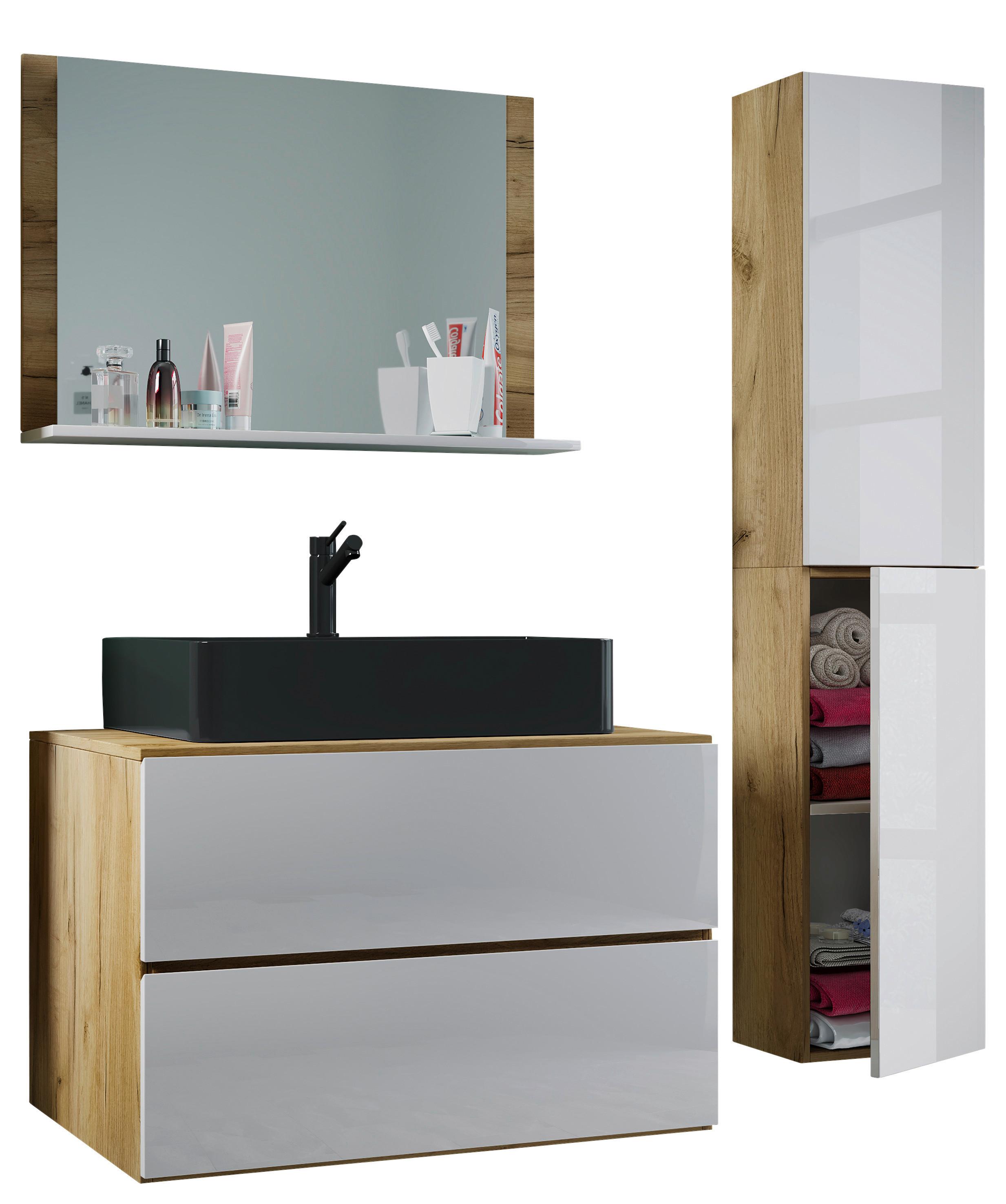 Badezimmer Lendas Bl L - Honigeiche/Schwarz, MODERN, Glas/Keramik (114cm) - MID.YOU