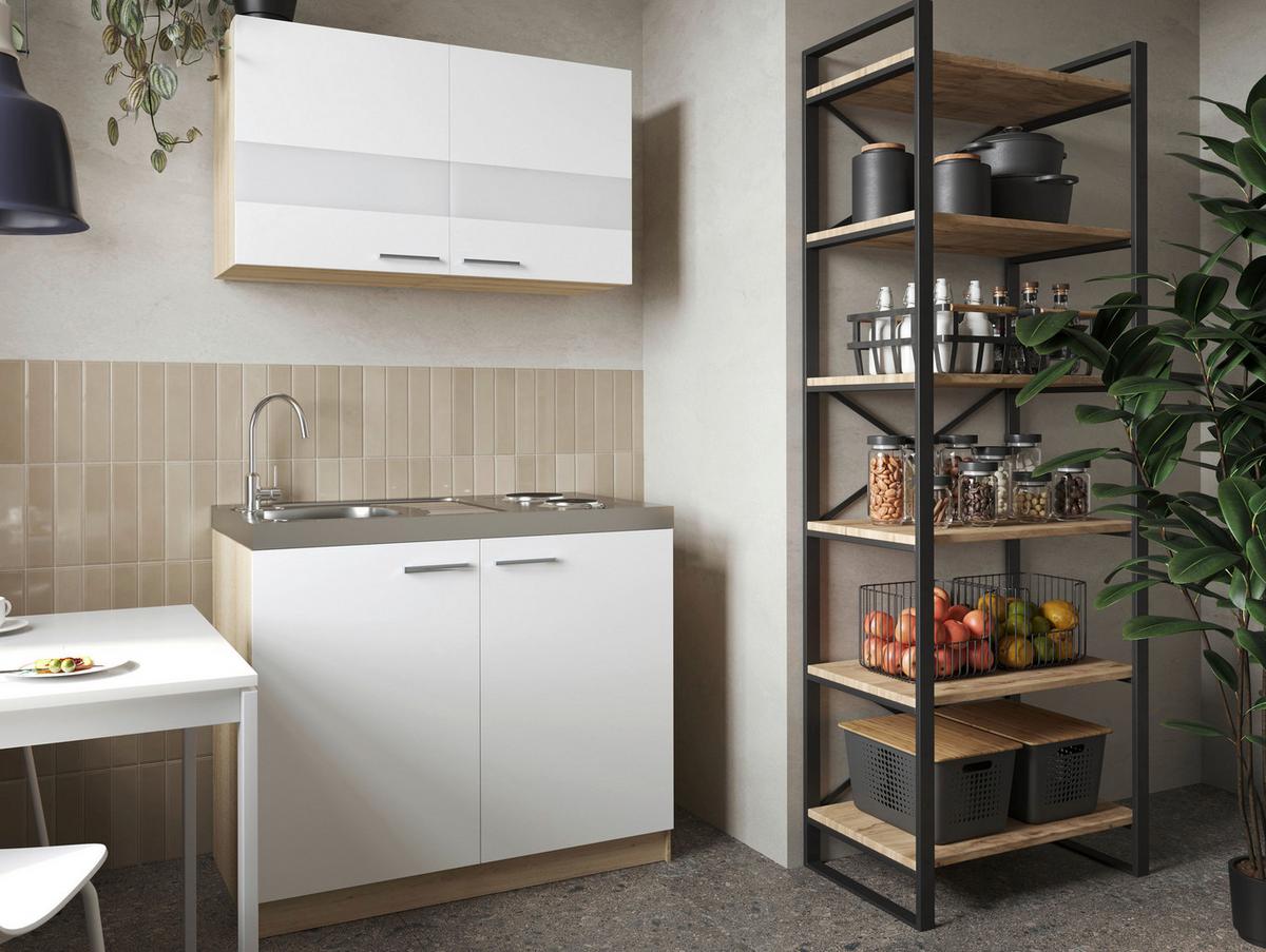 Miniküche Merle Weiß/Eiche Dekor B:100cm - Eichefarben/Weiß, Basics, Glas/Holzwerkstoff (100cm) - Respekta