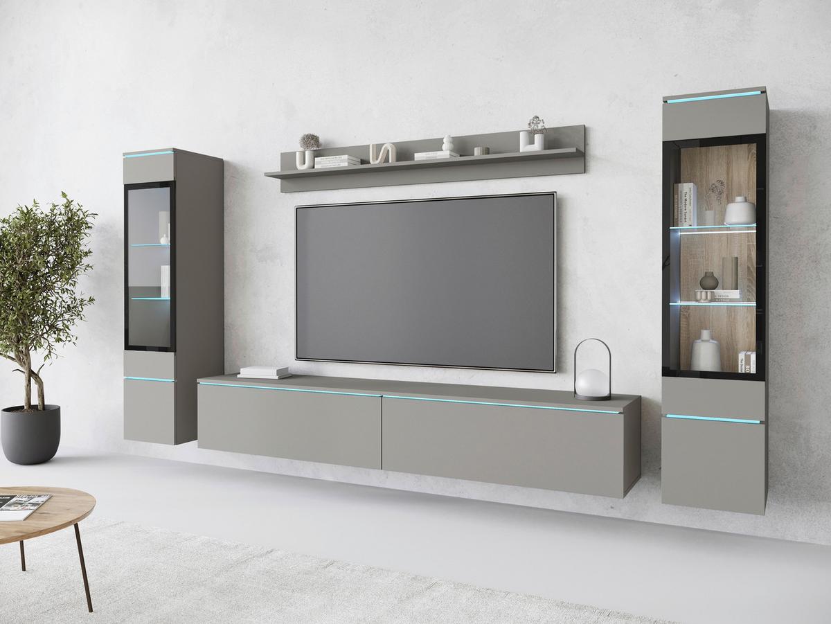 Wohnwand Vera II 4-Teilig Grau B: 240 cm - Grau, Trend, Glas/Holzwerkstoff (240/130/33cm)