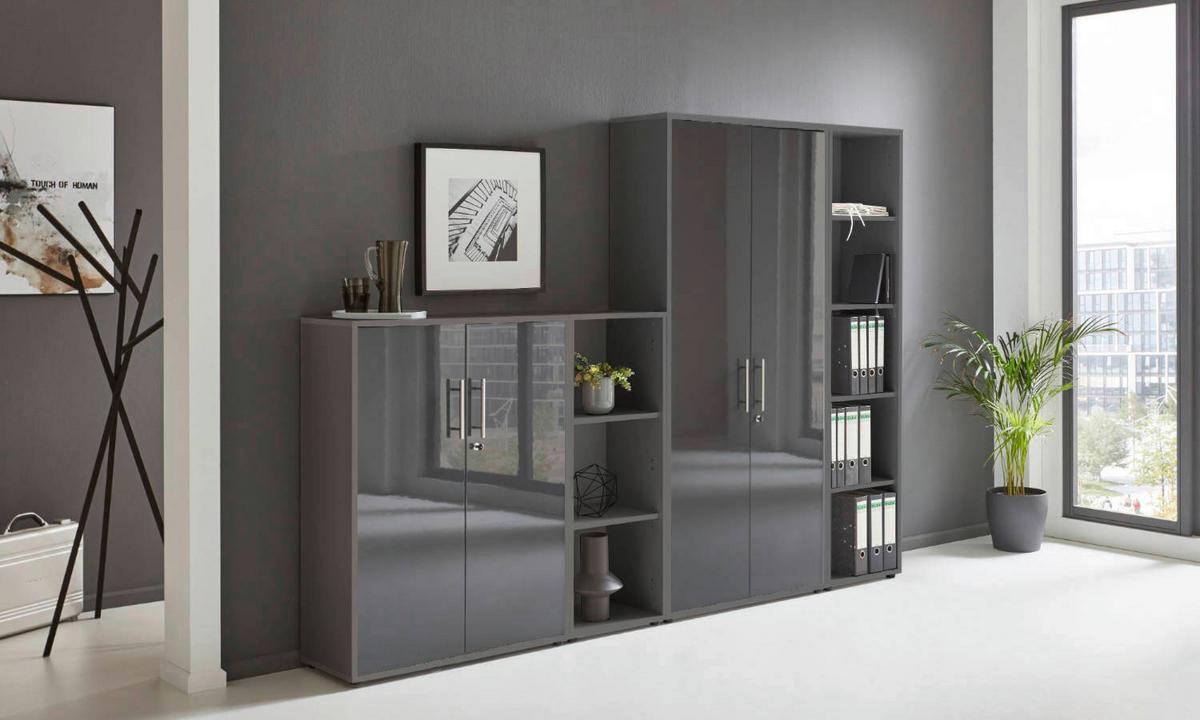 AKTENSCHRANK OFFICE EDITION - SW SET 4 - Anthrazit/Anthrazit Hochglanz, MODERN, Holzwerkstoff (128,5/185,6/33cm) - MID.YOU