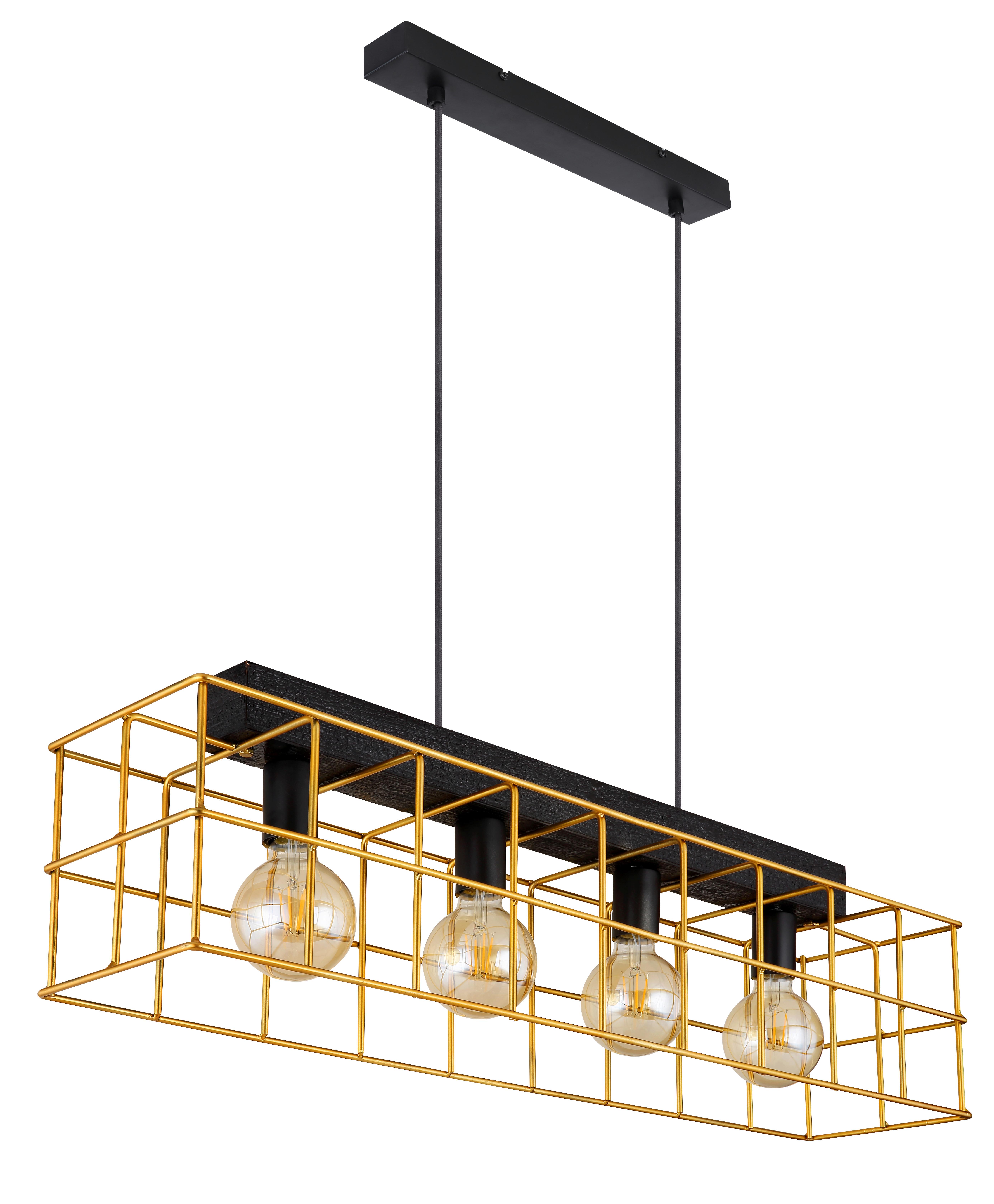 Hängeleuchte H: 150 cm 4-Flammig - Goldfarben/Schwarz, Design, Holz/Metall (90/20/150cm) - Globo