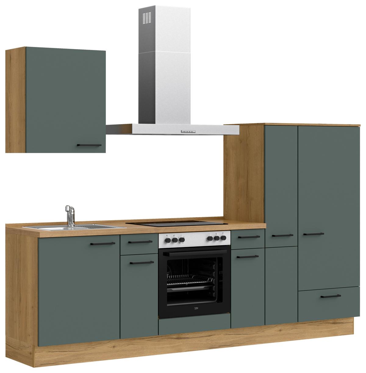 Kuchyňská linka 270 cm, minerální zelená,ultra matná - barvy dubu/černá, Moderní, kov/kompozitní dřevo (270cm) - Nobilia