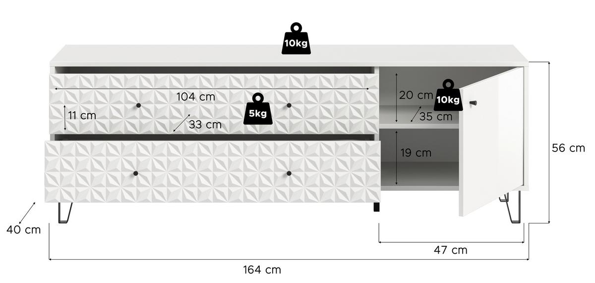 Lowboard Prisma Weiß Hochglanz B: 164 cm - Weiß Hochglanz/Schwarz, Design, Holzwerkstoff (164/56/40cm) - Livetastic